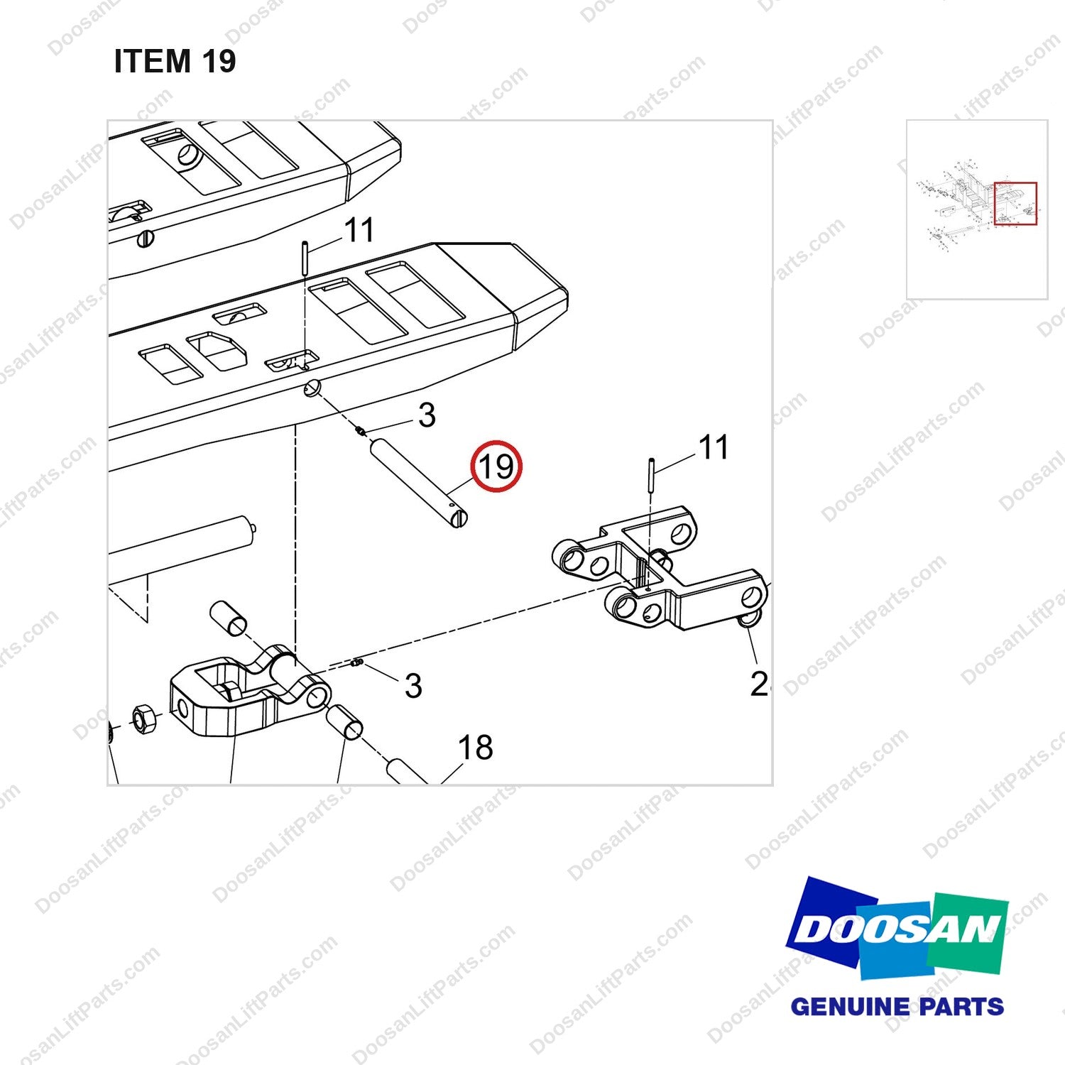 650-20023 Fork Frame Assy For 93” Tandem - parts diagram, item 19 shown - genuine Doosan / Bobcat forklift part