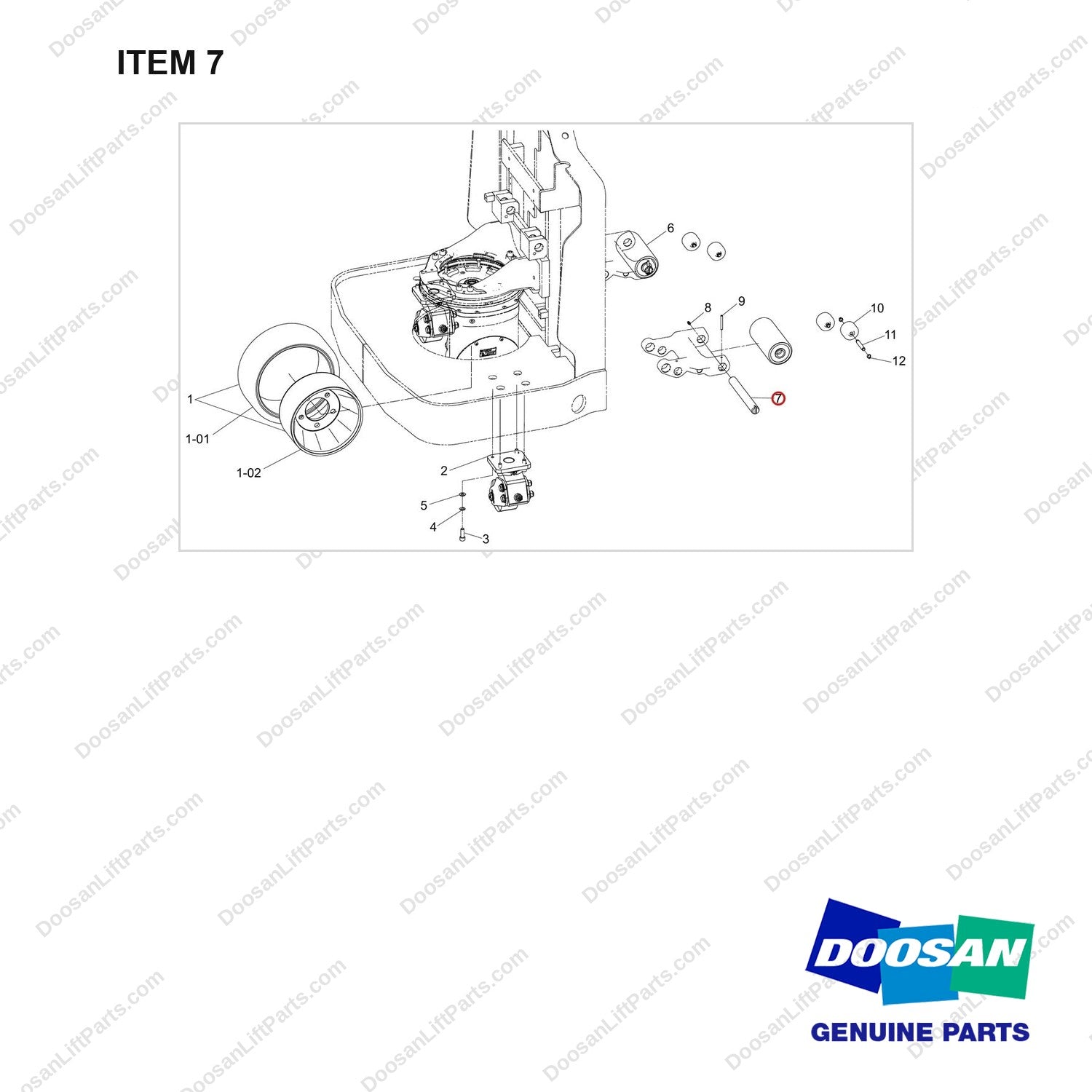 650-20024 Single Roller, Support Wheel, DR (URE) - full parts diagram, item 7 marked - genuine Doosan / Bobcat forklift part