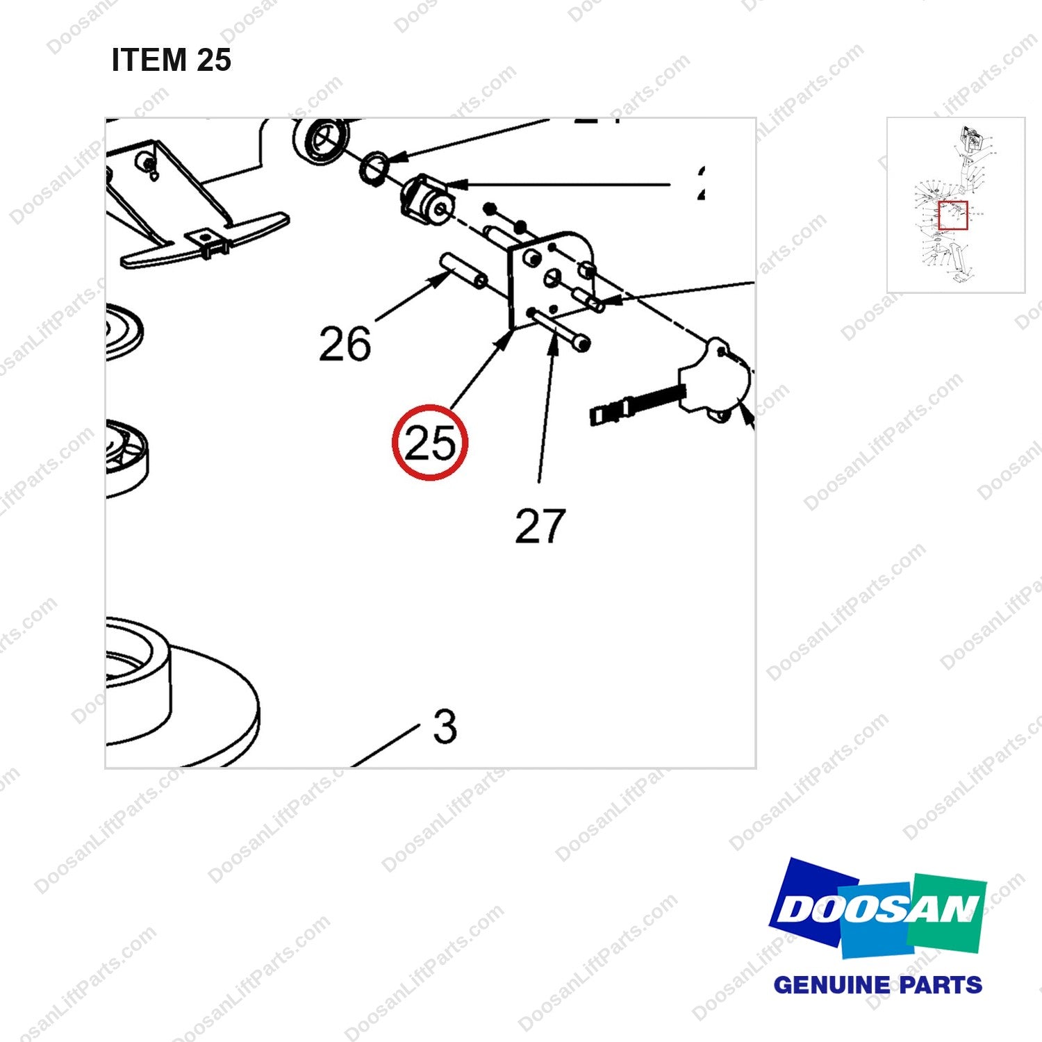 660-20036 Tiller Arm Assy - parts diagram, item 25 shown - genuine Doosan / Bobcat forklift part