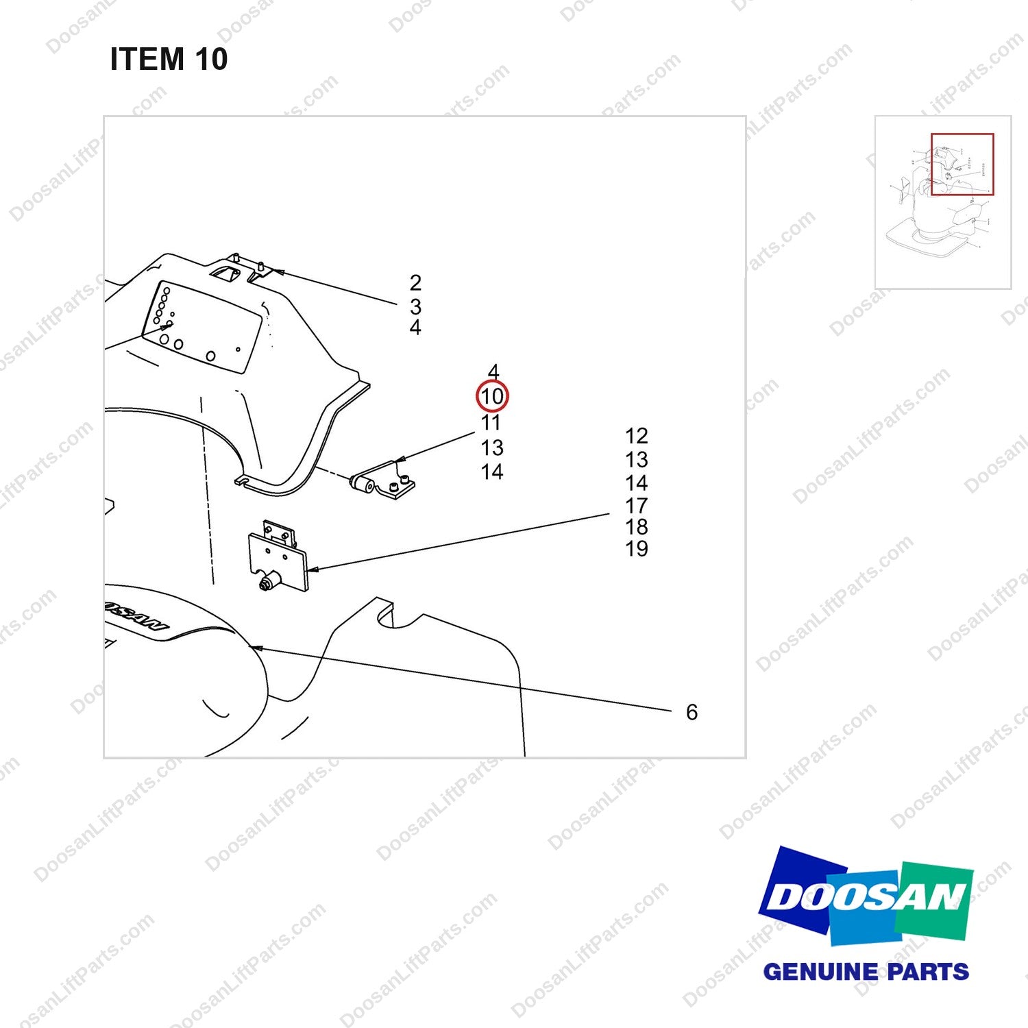 660-20038 Cover Mounting - parts diagram, item 10 shown - genuine Doosan / Bobcat forklift part