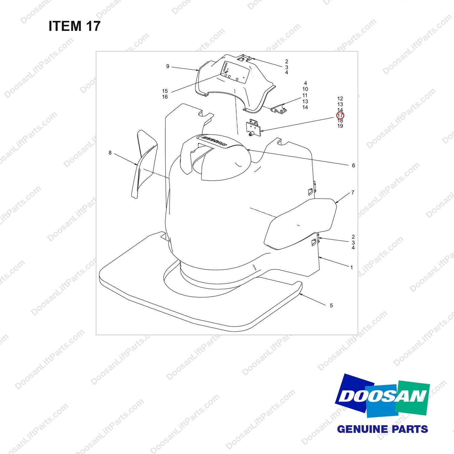 660-20051 Cover Mounting - full parts diagram, item 17 marked - genuine Doosan / Bobcat forklift part
