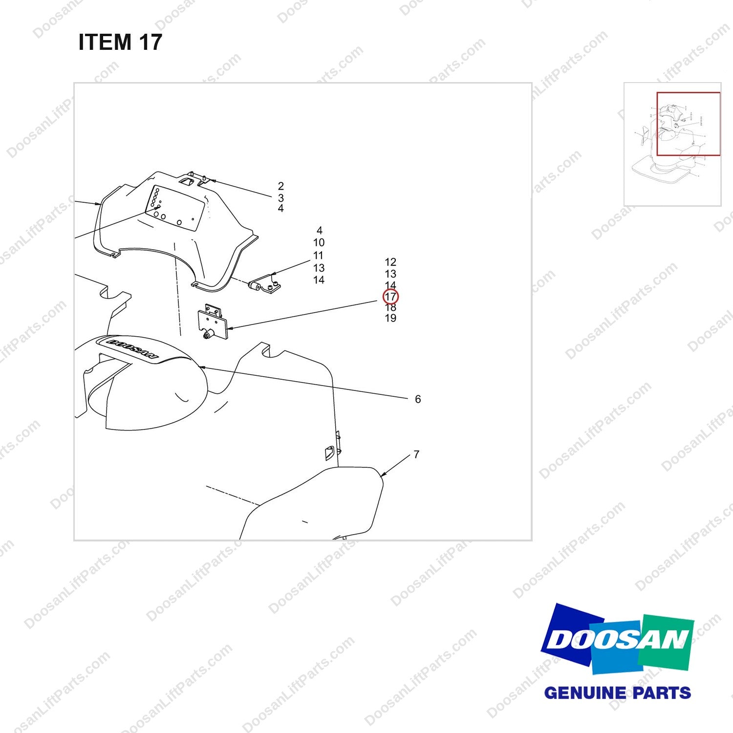 660-20051 Cover Mounting - parts diagram, item 17 shown - genuine Doosan / Bobcat forklift part