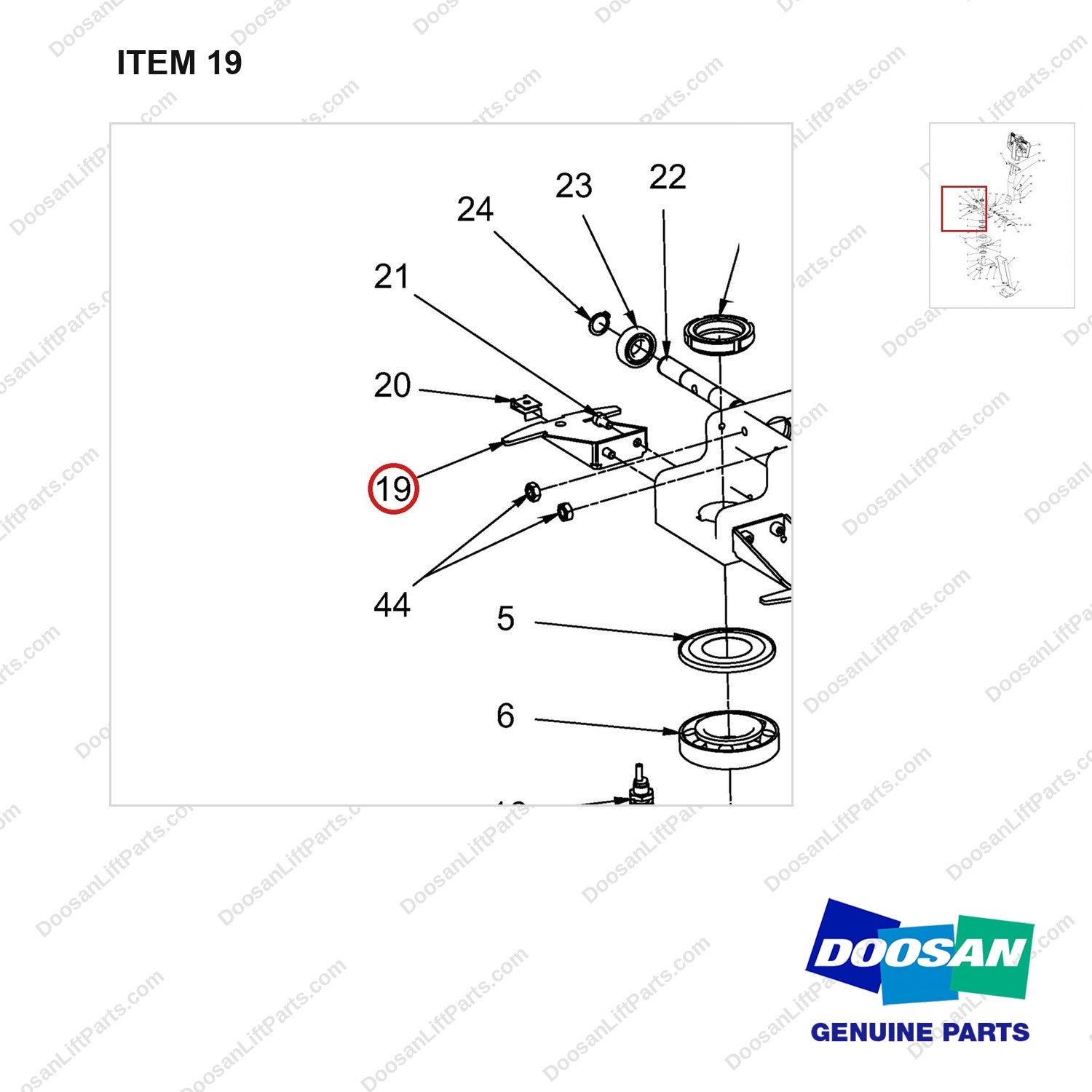 660-20076 Tiller Arm Assy - parts diagram, item 19 shown - genuine Doosan / Bobcat forklift part