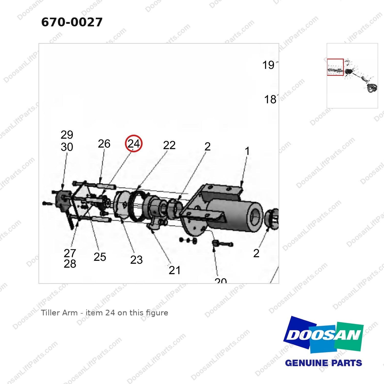 670-0027 Tiller Arm - parts diagram, item 24 shown - genuine Doosan / Bobcat forklift part