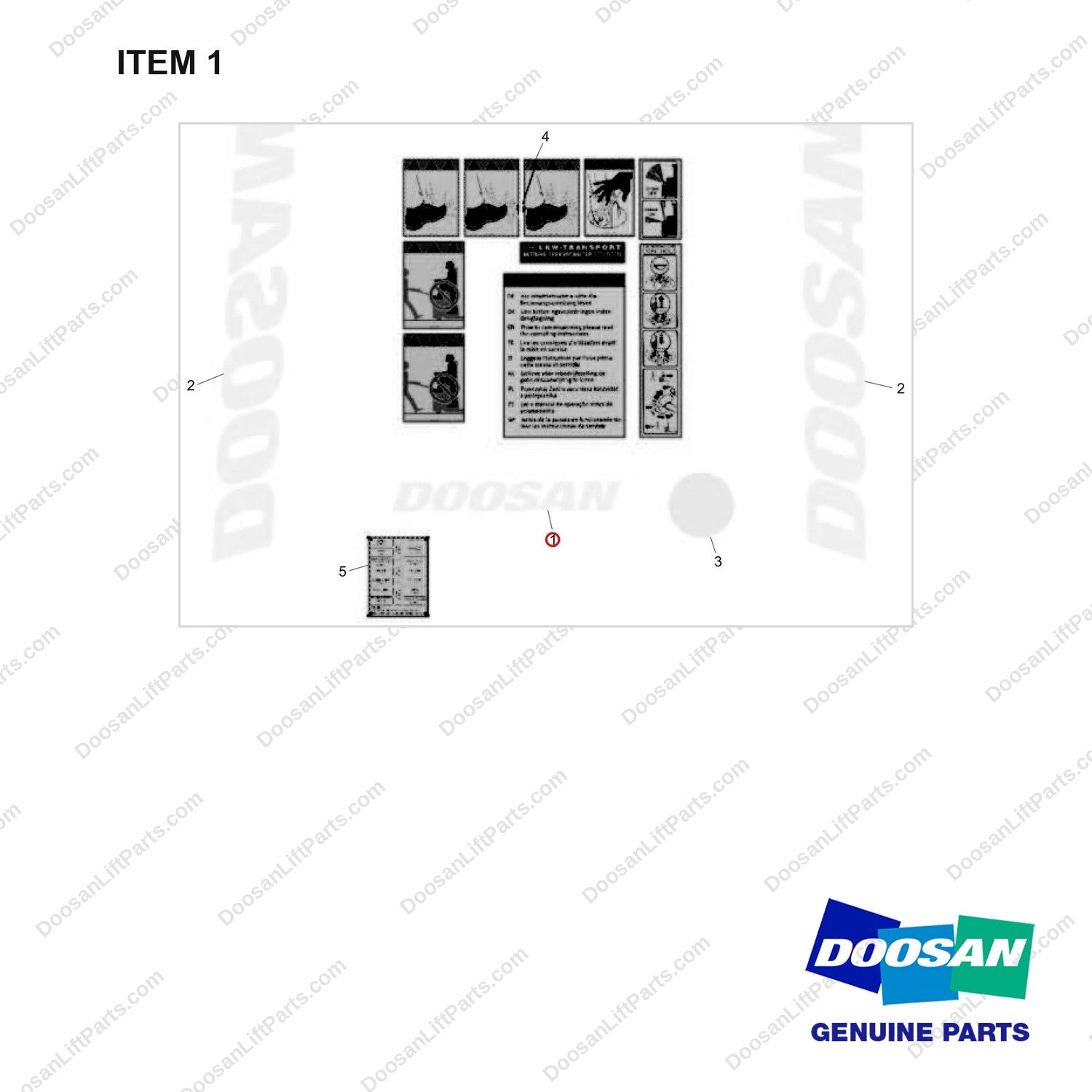 670-3103 Sticker set(EN1175) - full parts diagram, item 1 marked - genuine Doosan / Bobcat forklift part