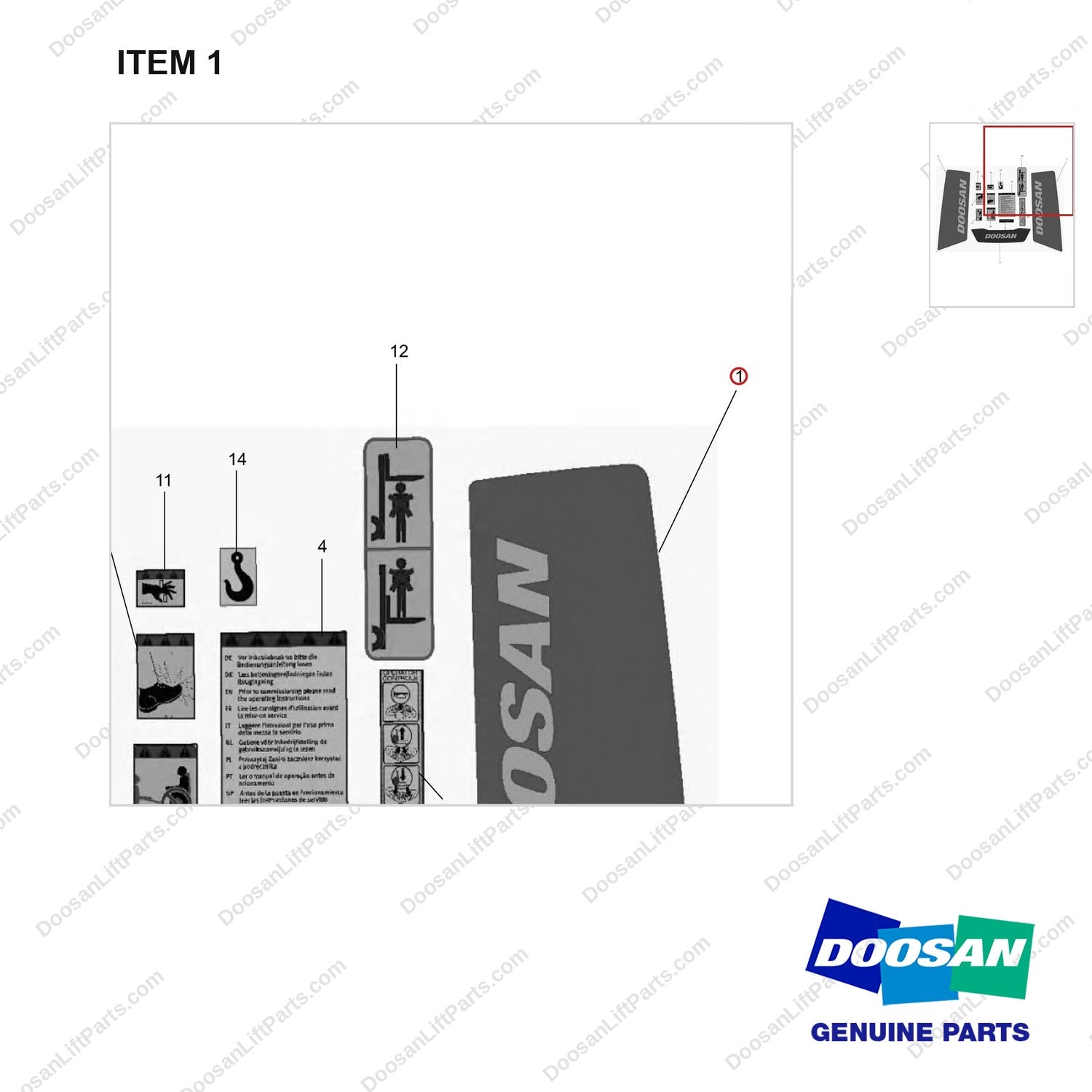 670-3120 Sticker Set - parts diagram, item 1 shown - genuine Doosan / Bobcat forklift part