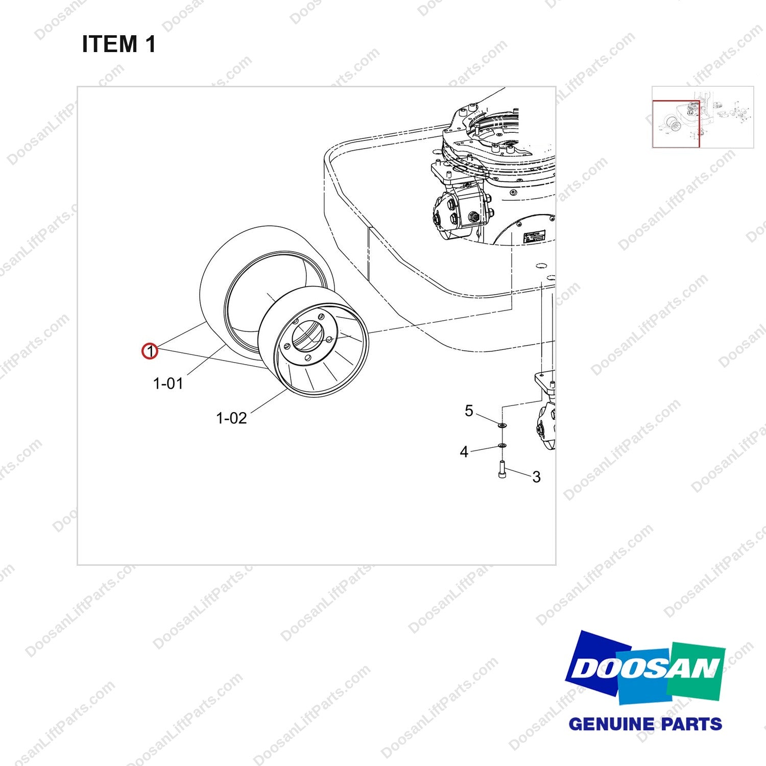 680-0317-080 Tandem Roller, Support Wheel, DR (URE) - parts diagram, item 1 shown - genuine Doosan / Bobcat forklift part