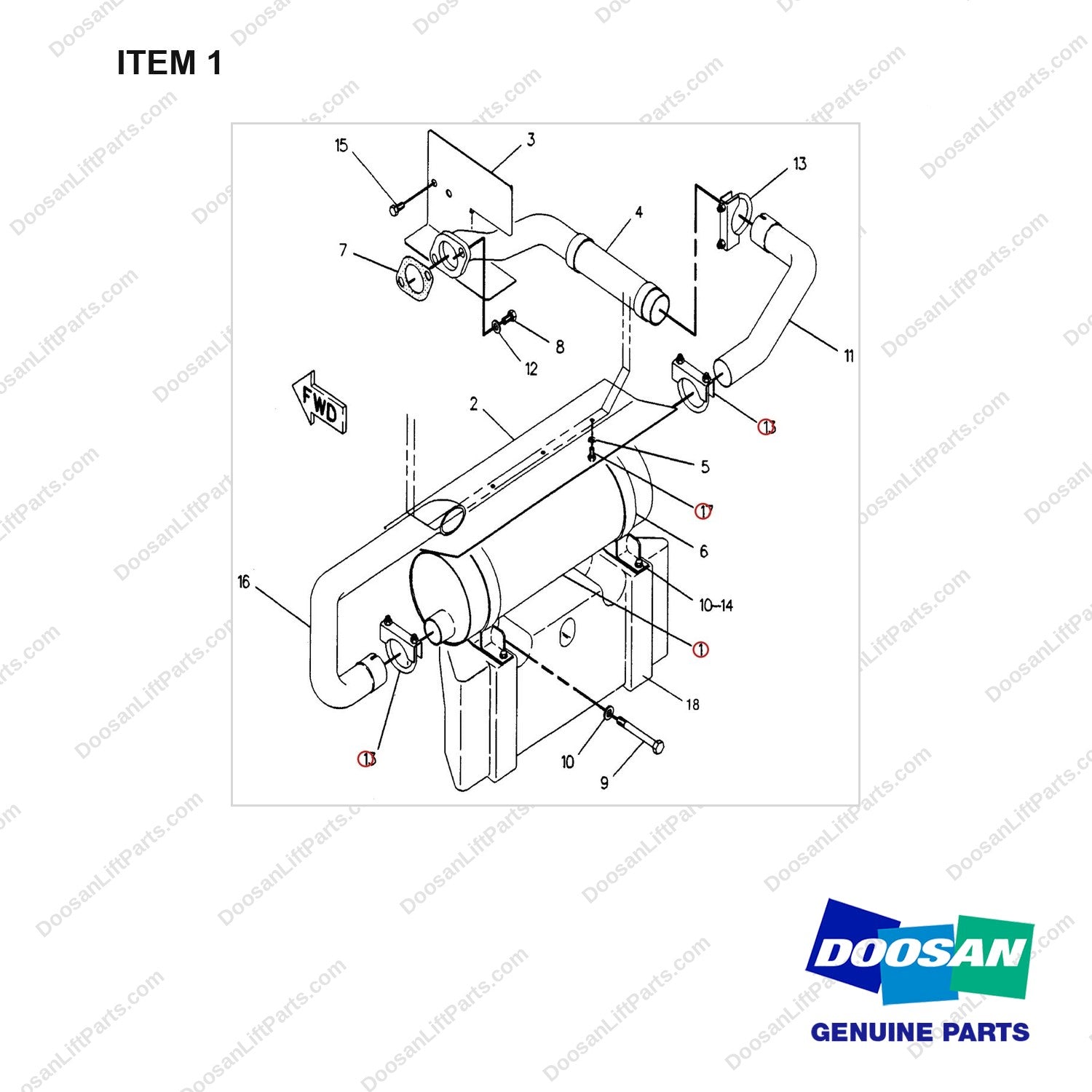 7E7329 MUFFLER GP - full parts diagram, item 1 marked - genuine Doosan / Bobcat forklift part