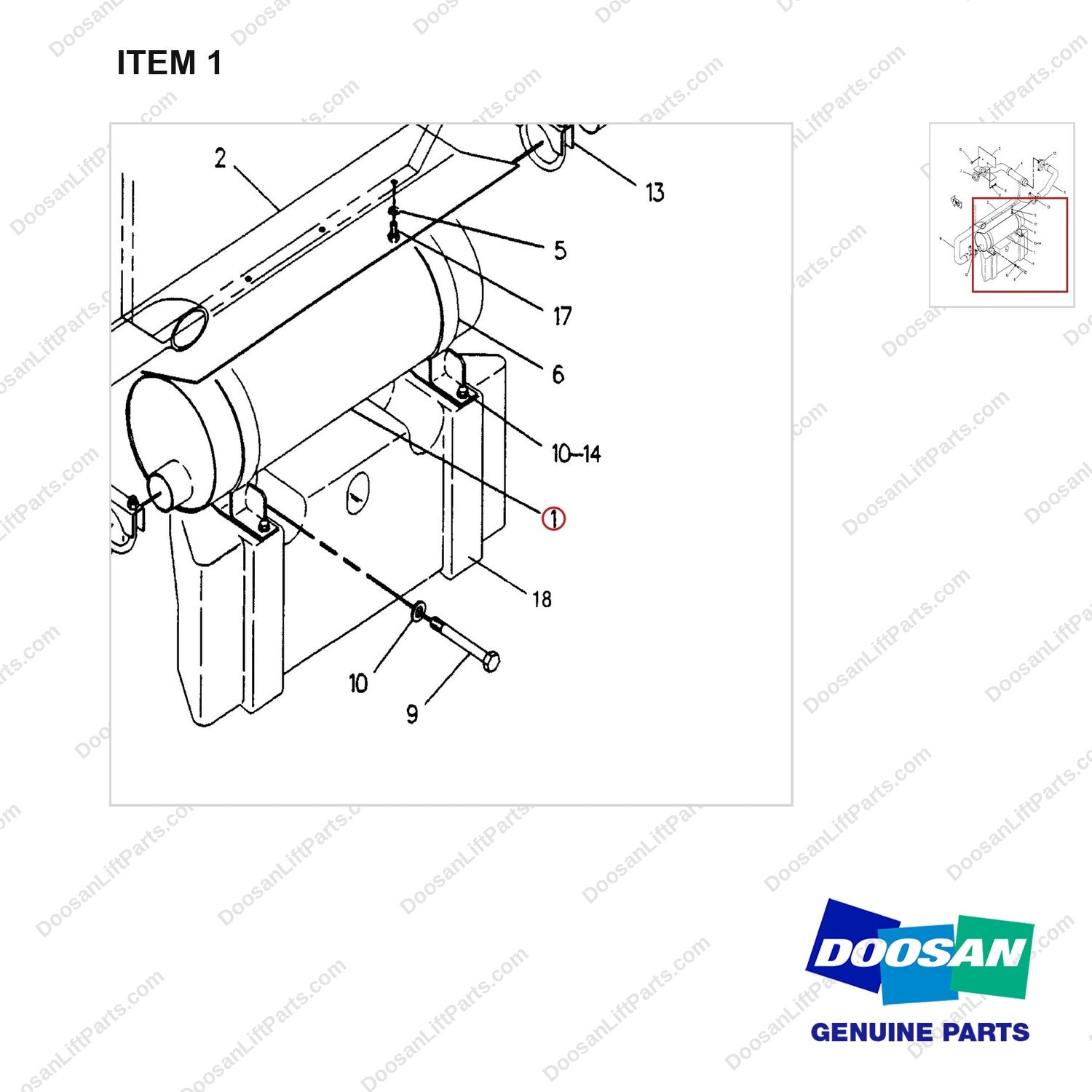 7E7329 MUFFLER GP - parts diagram, item 1 shown - genuine Doosan / Bobcat forklift part