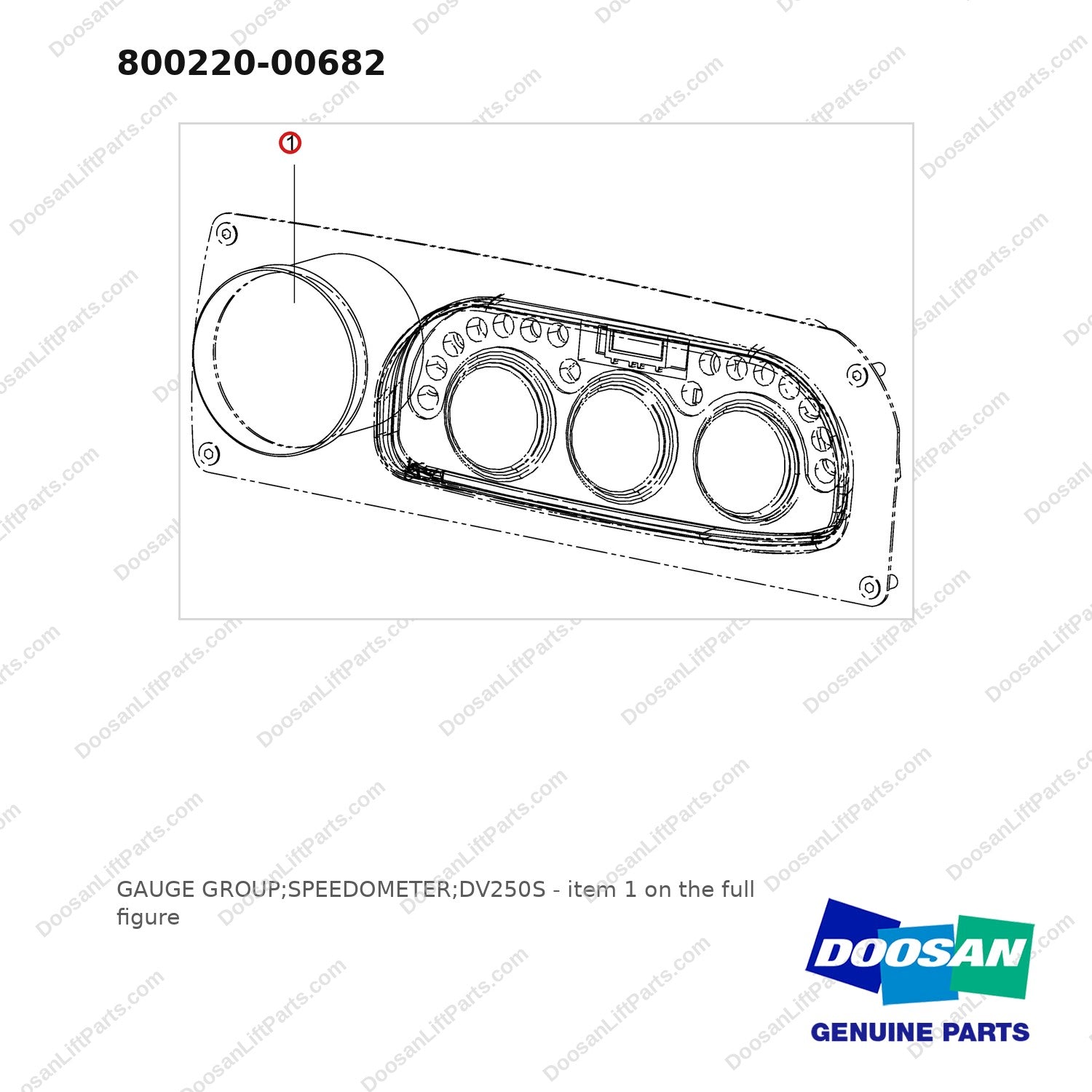 800220-00682 GAUGE GROUP;SPEEDOMETER;DV250S - full parts diagram, item 1 marked - genuine Doosan / Bobcat forklift part