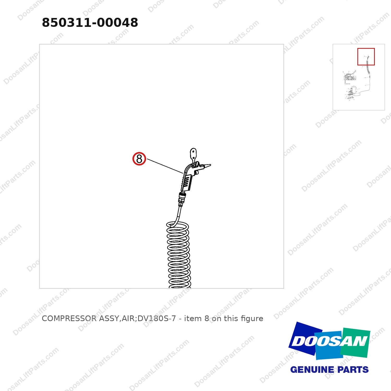 850311-00048 COMPRESSOR ASSY,AIR;DV180S-7 - parts diagram, item 8 shown - genuine Doosan / Bobcat forklift part