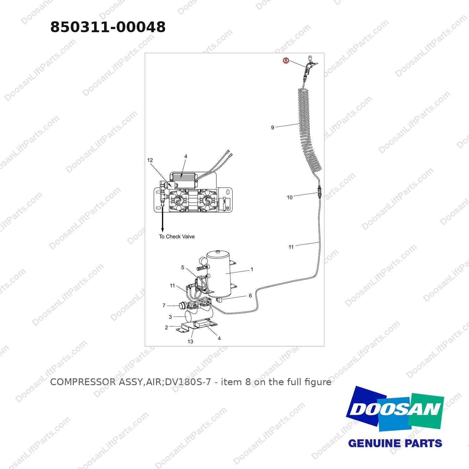850311-00048 COMPRESSOR ASSY,AIR;DV180S-7 - full parts diagram, item 8 marked - genuine Doosan / Bobcat forklift part