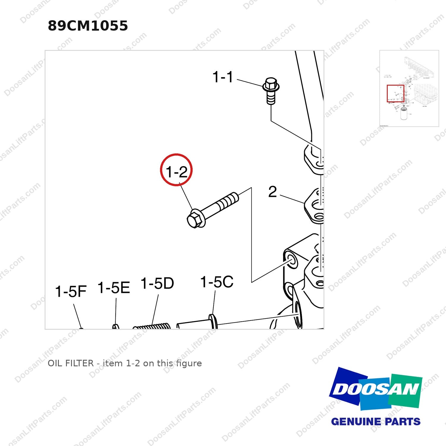 89CM1055 OIL FILTER - parts diagram, item 1-2 shown - genuine Doosan / Bobcat forklift part