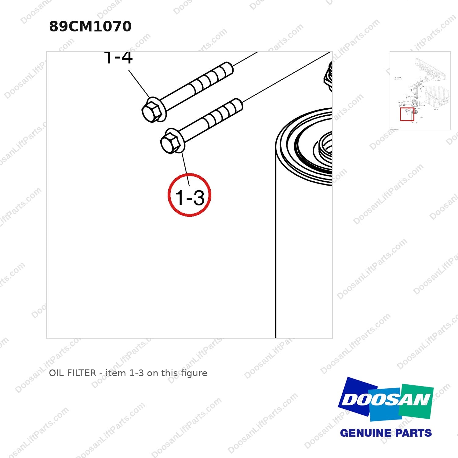 89CM1070 OIL FILTER - parts diagram, item 1-3 shown - genuine Doosan / Bobcat forklift part