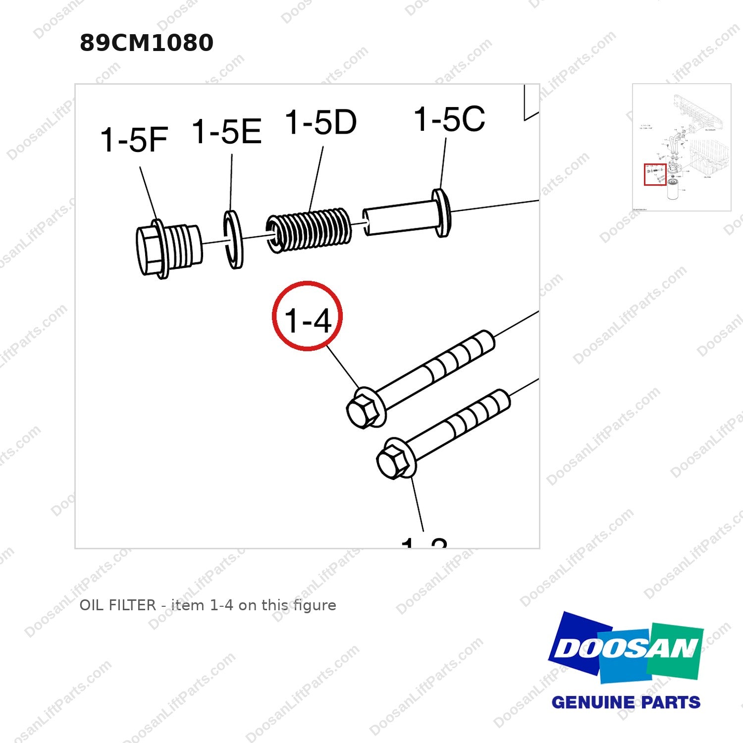 89CM1080 OIL FILTER - parts diagram, item 1-4 shown - genuine Doosan / Bobcat forklift part