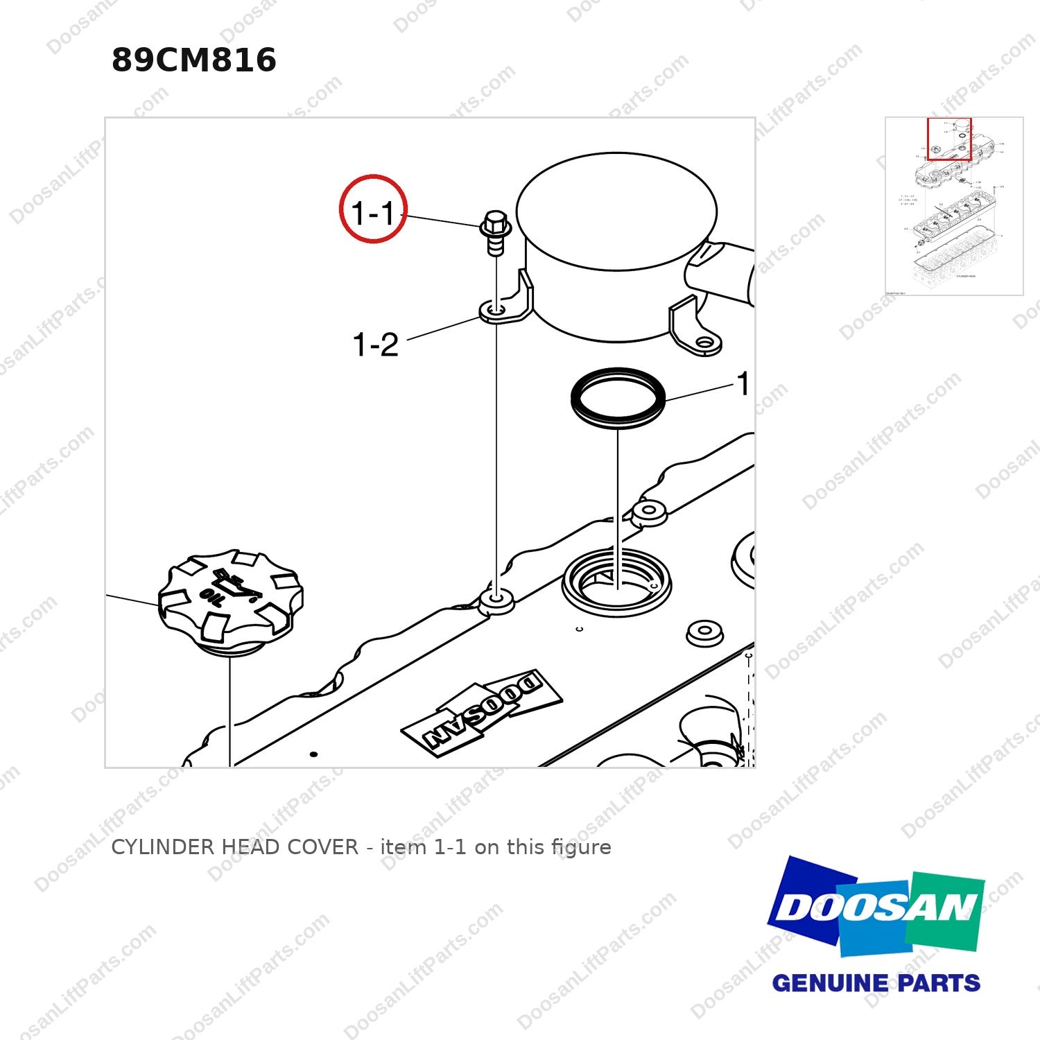 89CM816 CYLINDER HEAD COVER - parts diagram, item 1-1 shown - genuine Doosan / Bobcat forklift part
