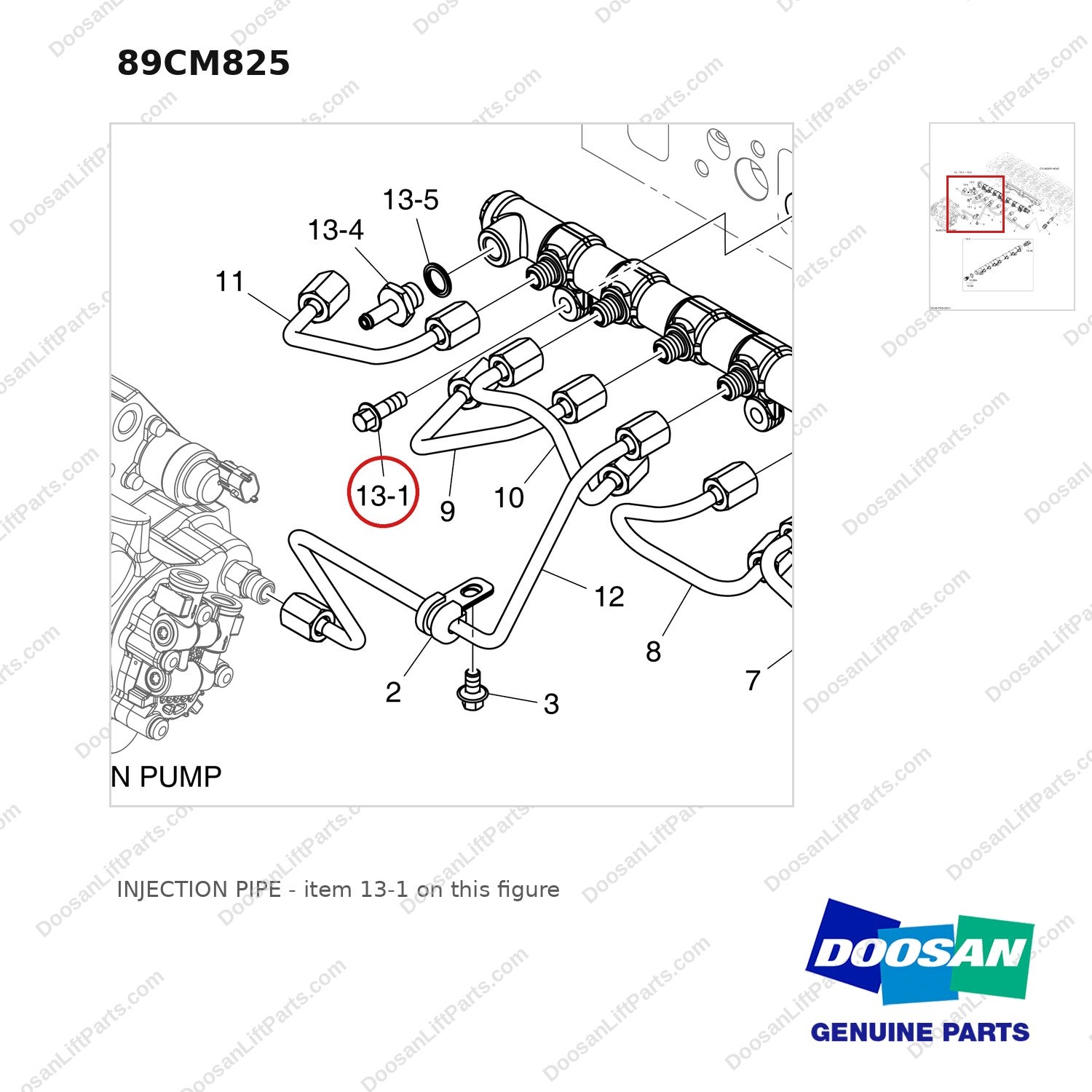 89CM825 INJECTION PIPE - parts diagram, item 13-1 shown - genuine Doosan / Bobcat forklift part