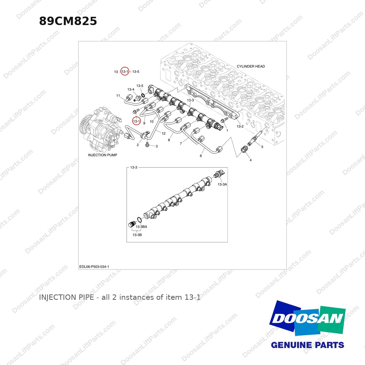 89CM825 INJECTION PIPE - full parts diagram, item 13-1 marked - genuine Doosan / Bobcat forklift part
