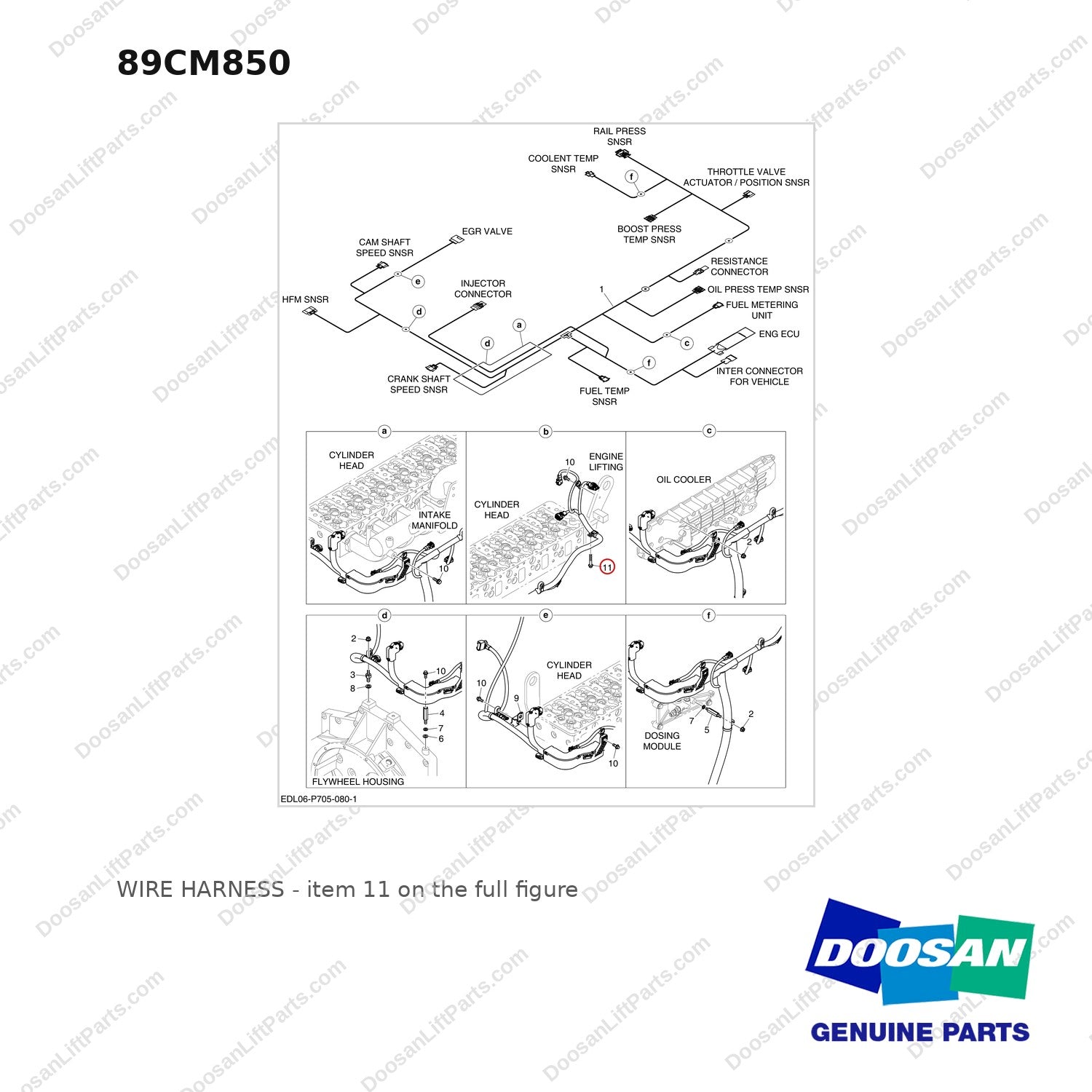 89CM850 WIRE HARNESS - full parts diagram, item 11 marked - genuine Doosan / Bobcat forklift part