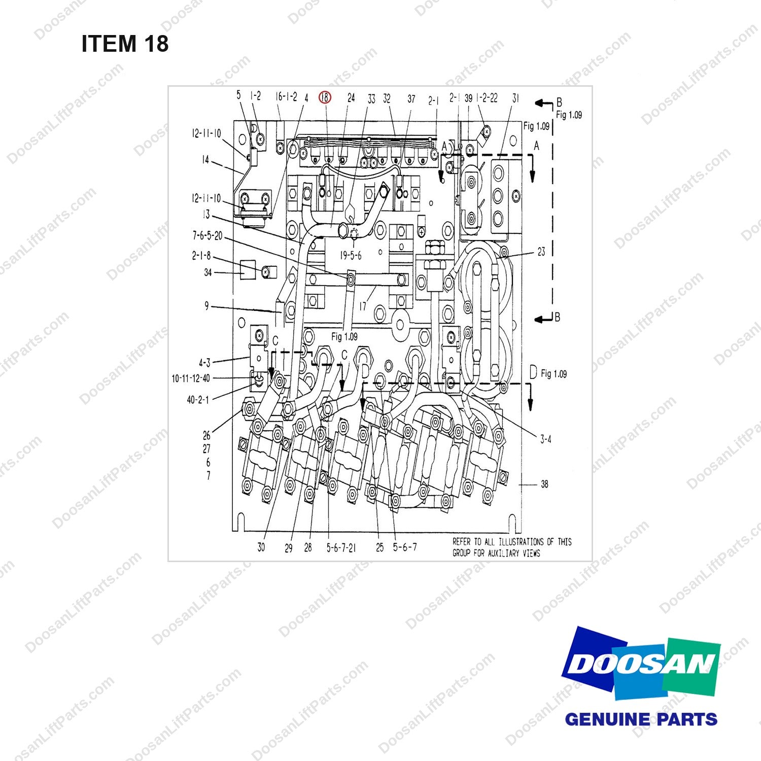 8C7503A PANEL AS-CONTROL(36/48 VOLT)-(1/3) - full parts diagram, item 18 marked - genuine Doosan / Bobcat forklift part