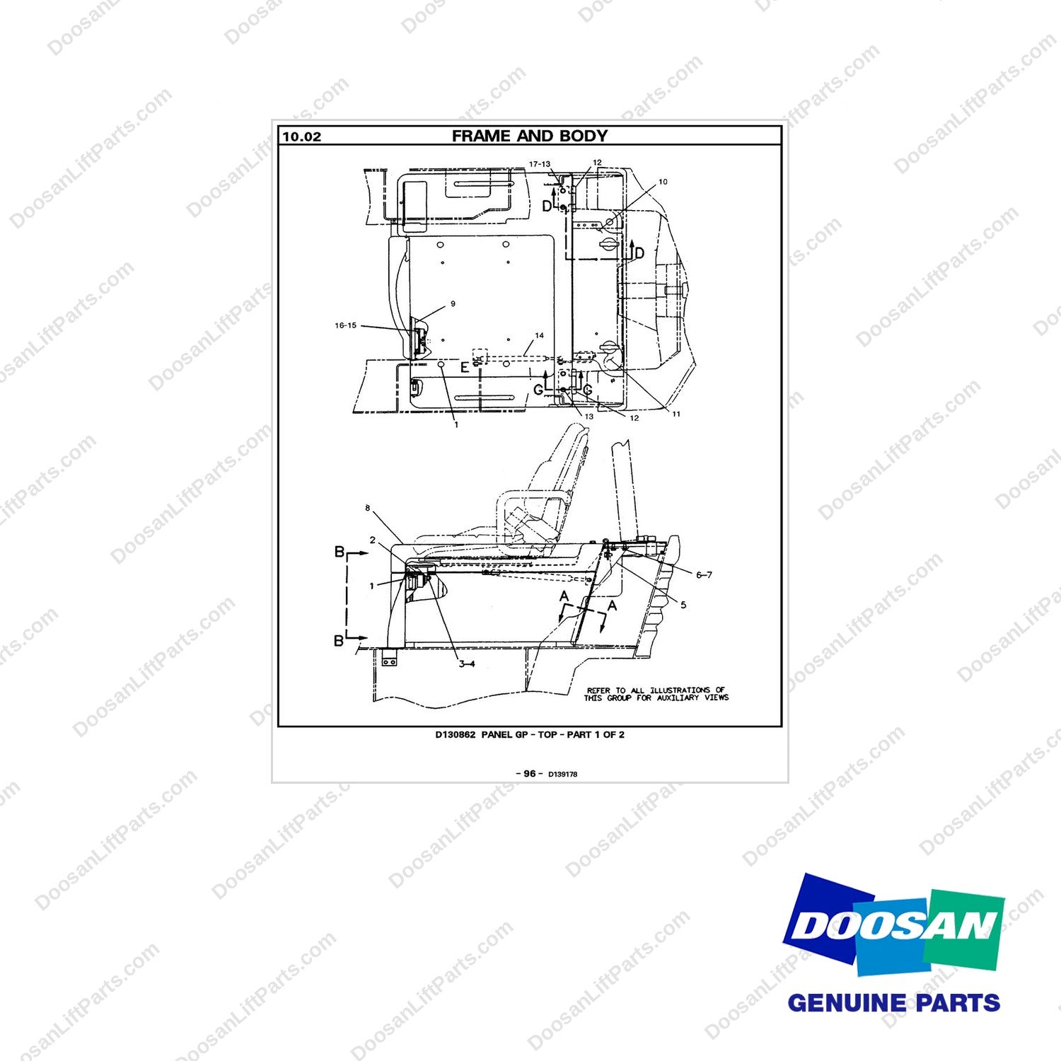 8Q7061 PANEL GP-TOP(1/2) - full parts diagram - genuine Doosan / Bobcat forklift part
