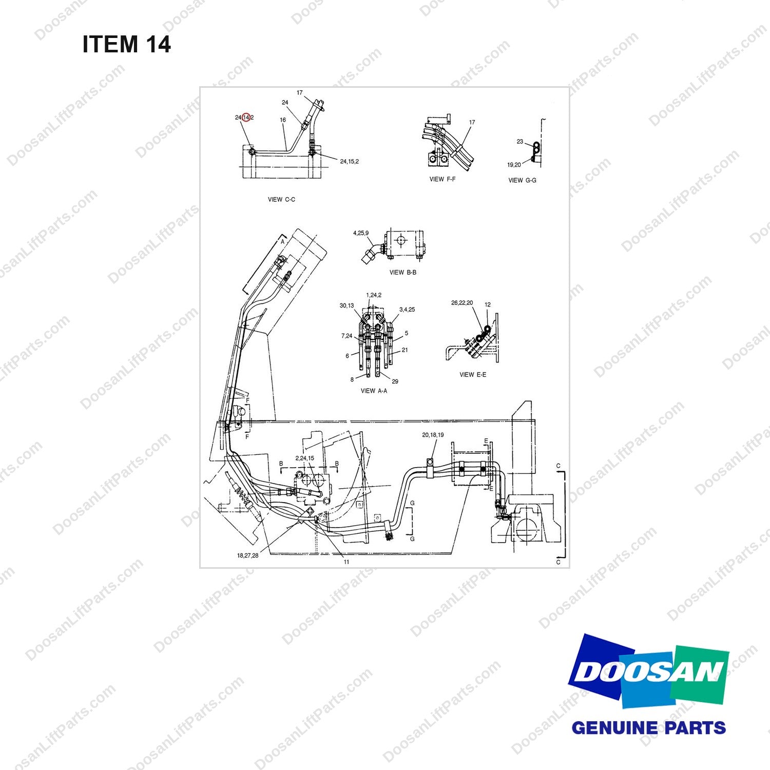 8T1905 LINES GP-POWER STEER - full parts diagram, item 14 marked - genuine Doosan / Bobcat forklift part
