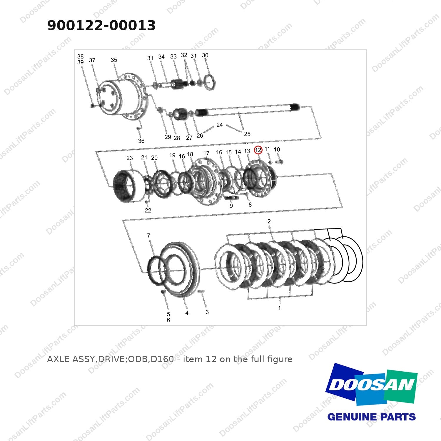 900122-00013 AXLE ASSY,DRIVE;ODB,D160 - full parts diagram, item 12 marked - genuine Doosan / Bobcat forklift part