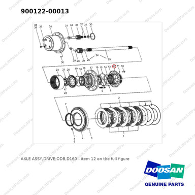 900122-00013 AXLE ASSY,DRIVE;ODB,D160 - full parts diagram, item 12 marked - genuine Doosan / Bobcat forklift part