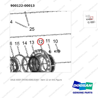 900122-00013 AXLE ASSY,DRIVE;ODB,D160 - parts diagram, item 12 shown - genuine Doosan / Bobcat forklift part