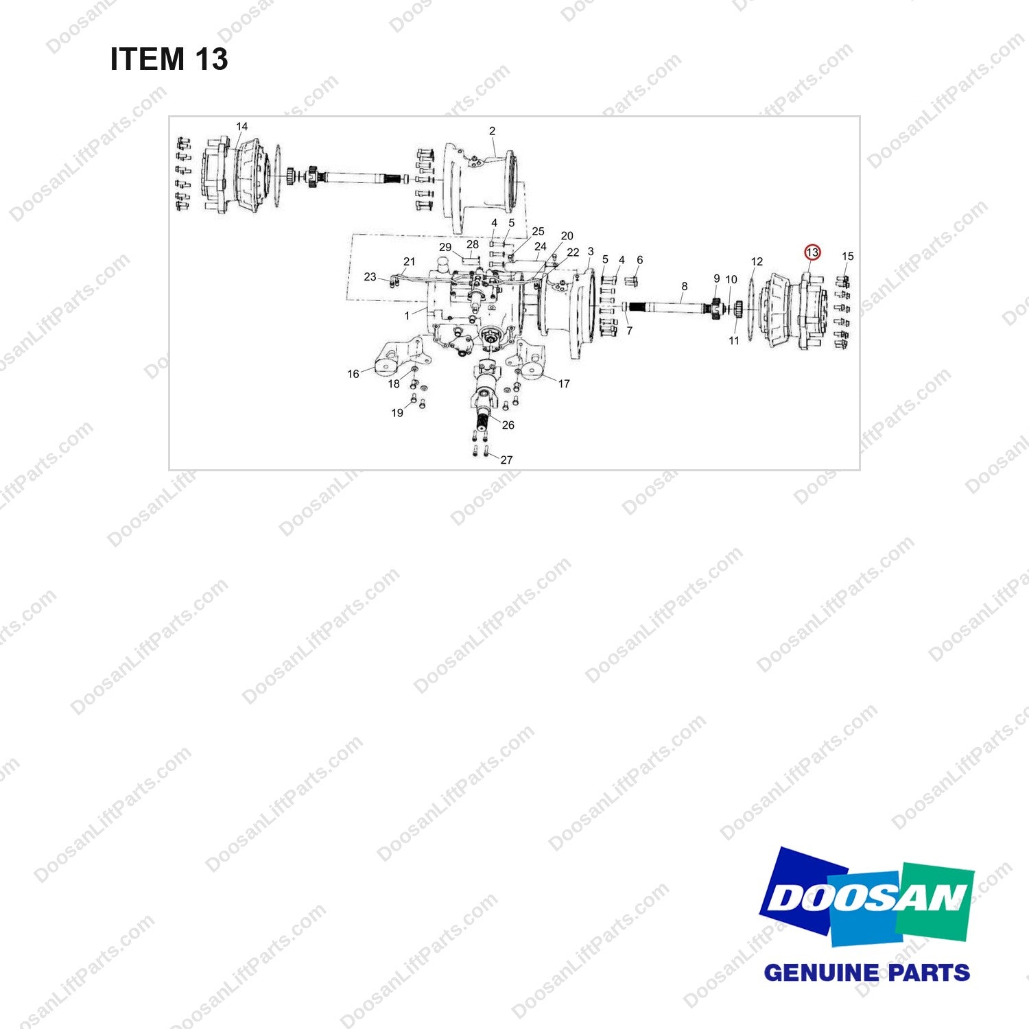 900122-00331 AXLE ASSY;KD20A - full parts diagram, item 13 marked - genuine Doosan / Bobcat forklift part