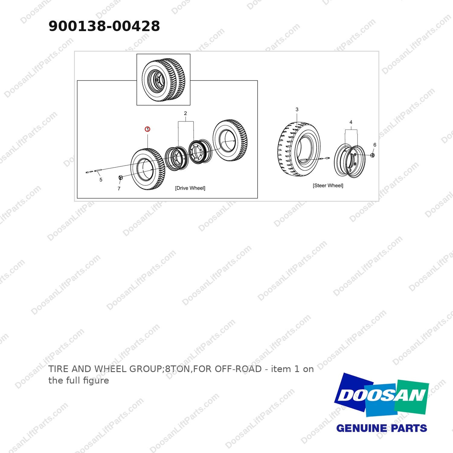900138-00428 TIRE AND WHEEL GROUP;8TON,FOR OFF-ROAD - full parts diagram, item 1 marked - genuine Doosan / Bobcat forklift part