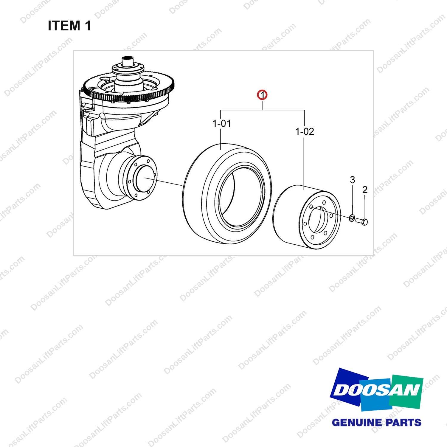 900141-00082 Drive Wheel Mounting Gp - Rubber - Non Marking - full parts diagram, item 1 marked - genuine Doosan / Bobcat forklift part