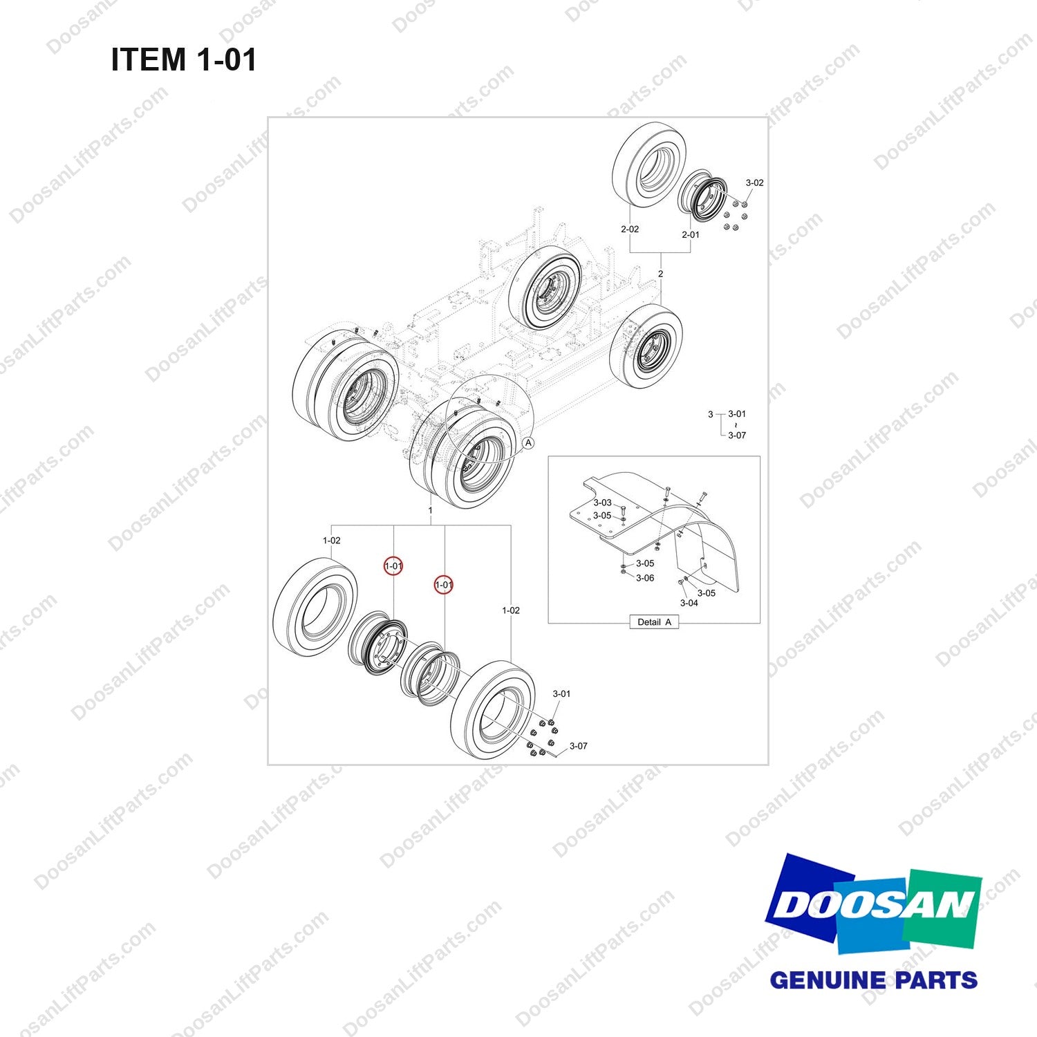 900141-01676 WHEEL AND TIRE;D/SOLID,UHP S/BIAS,PENU,BOBCAT - full parts diagram, item 1-01 marked - genuine Doosan / Bobcat forklift part