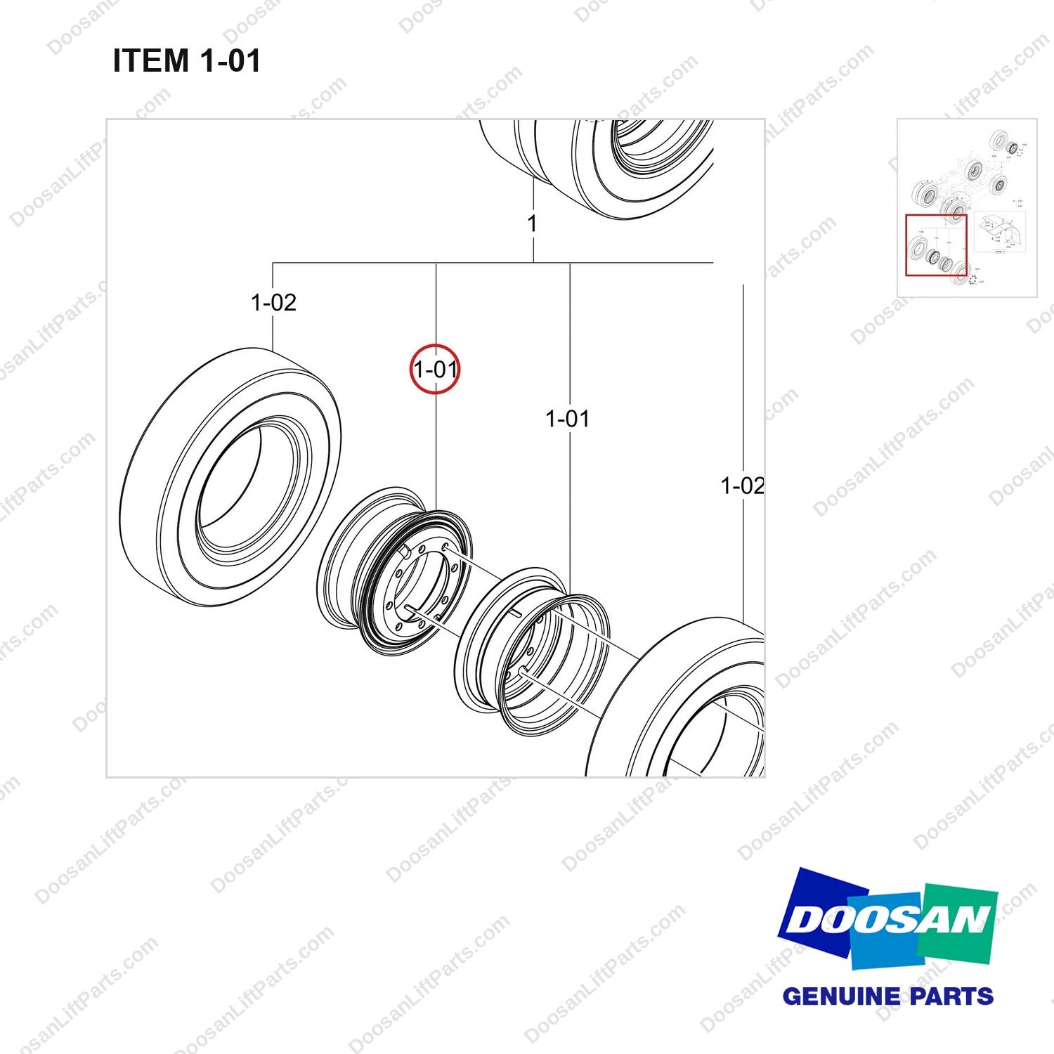 900141-01676 WHEEL AND TIRE;D/SOLID,UHP S/BIAS,PENU,BOBCAT - parts diagram, item 1-01 shown - genuine Doosan / Bobcat forklift part