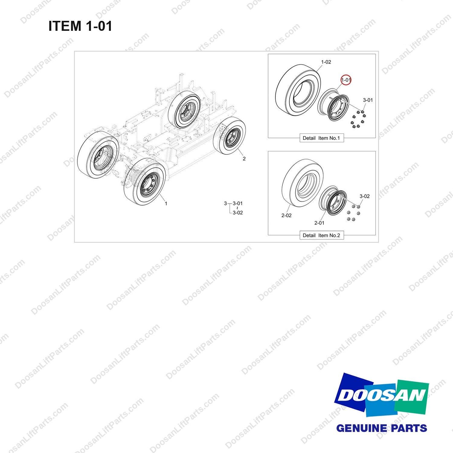 900141-01679 WHEEL AND TIRE;D/SOLID,UHP S/BIAS,PENU,BOBCAT - full parts diagram, item 1-01 marked - genuine Doosan / Bobcat forklift part