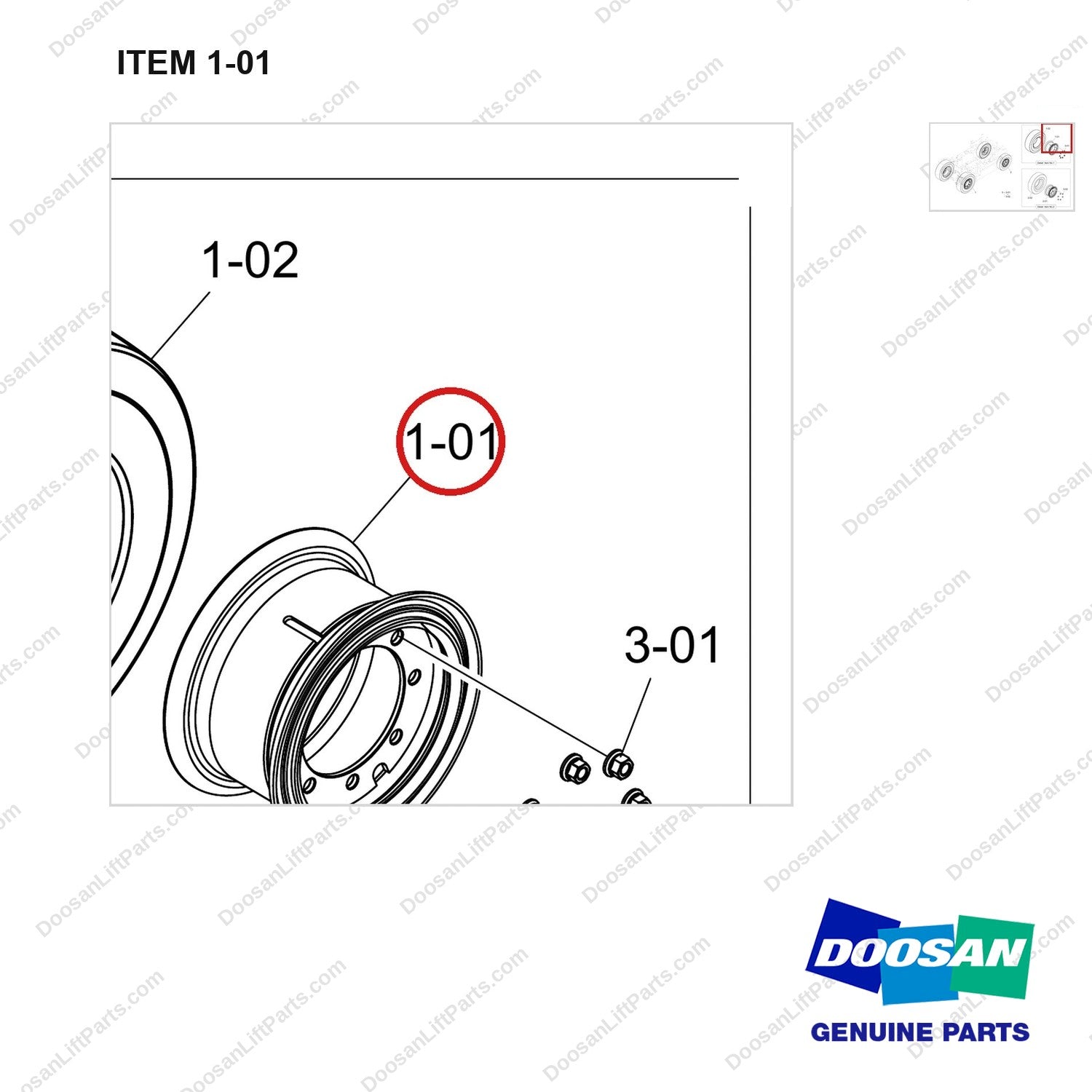 900141-01679 WHEEL AND TIRE;D/SOLID,UHP S/BIAS,PENU,BOBCAT - parts diagram, item 1-01 shown - genuine Doosan / Bobcat forklift part