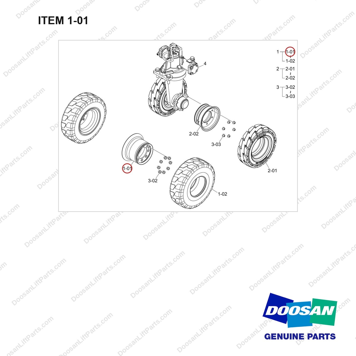 900141-01829 WHEEL AND TIRE;D/EF,SOLID S/EF,SOLID,BOBCAT - full parts diagram, item 1-01 marked - genuine Doosan / Bobcat forklift part