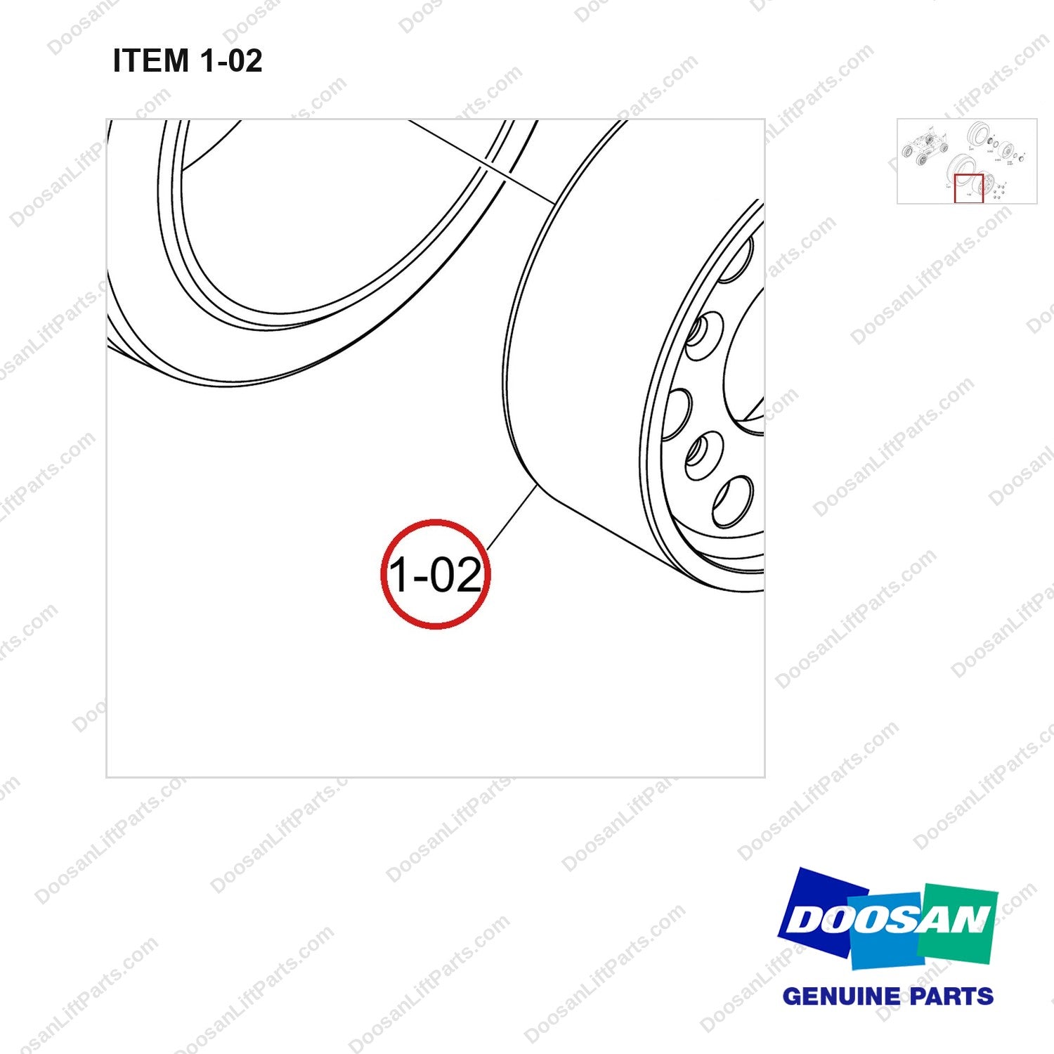 900141-01846 WHEEL AND TIRE;D/LUG,SOLID S/SOLID,BOBCAT - parts diagram, item 1-02 shown - genuine Doosan / Bobcat forklift part