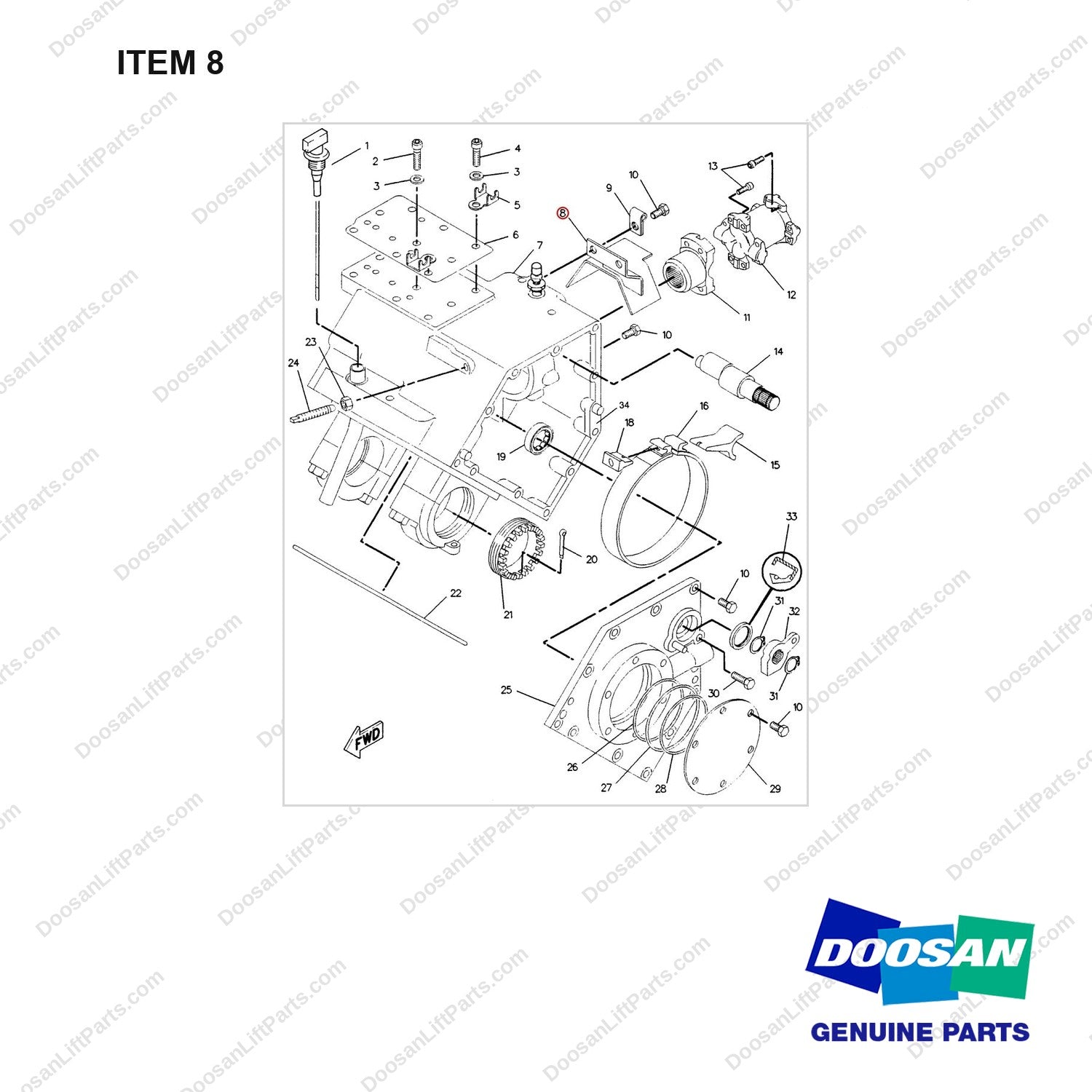 909567 CASE & PARTS GP - full parts diagram, item 8 marked - genuine Doosan / Bobcat forklift part