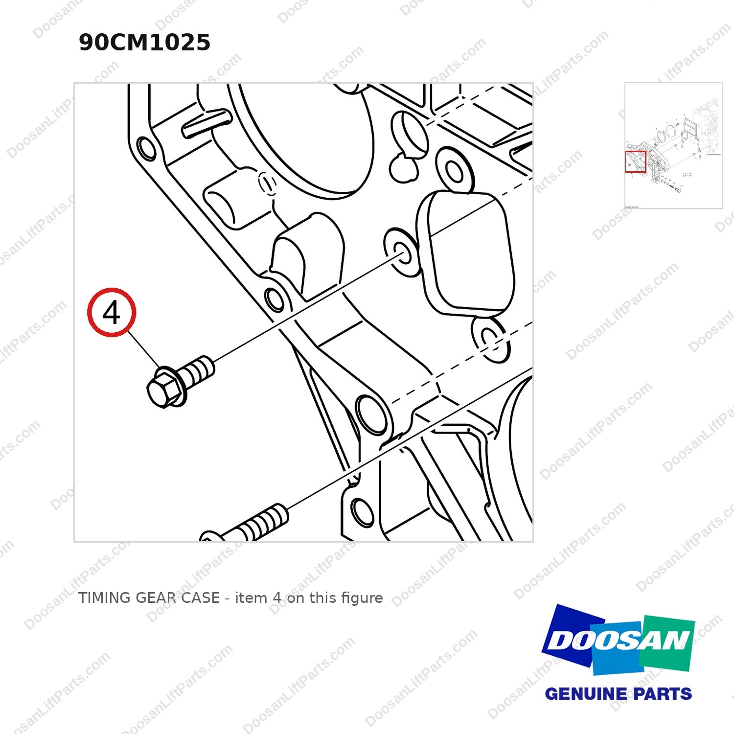 90CM1025 TIMING GEAR CASE - parts diagram, item 4 shown - genuine Doosan / Bobcat forklift part