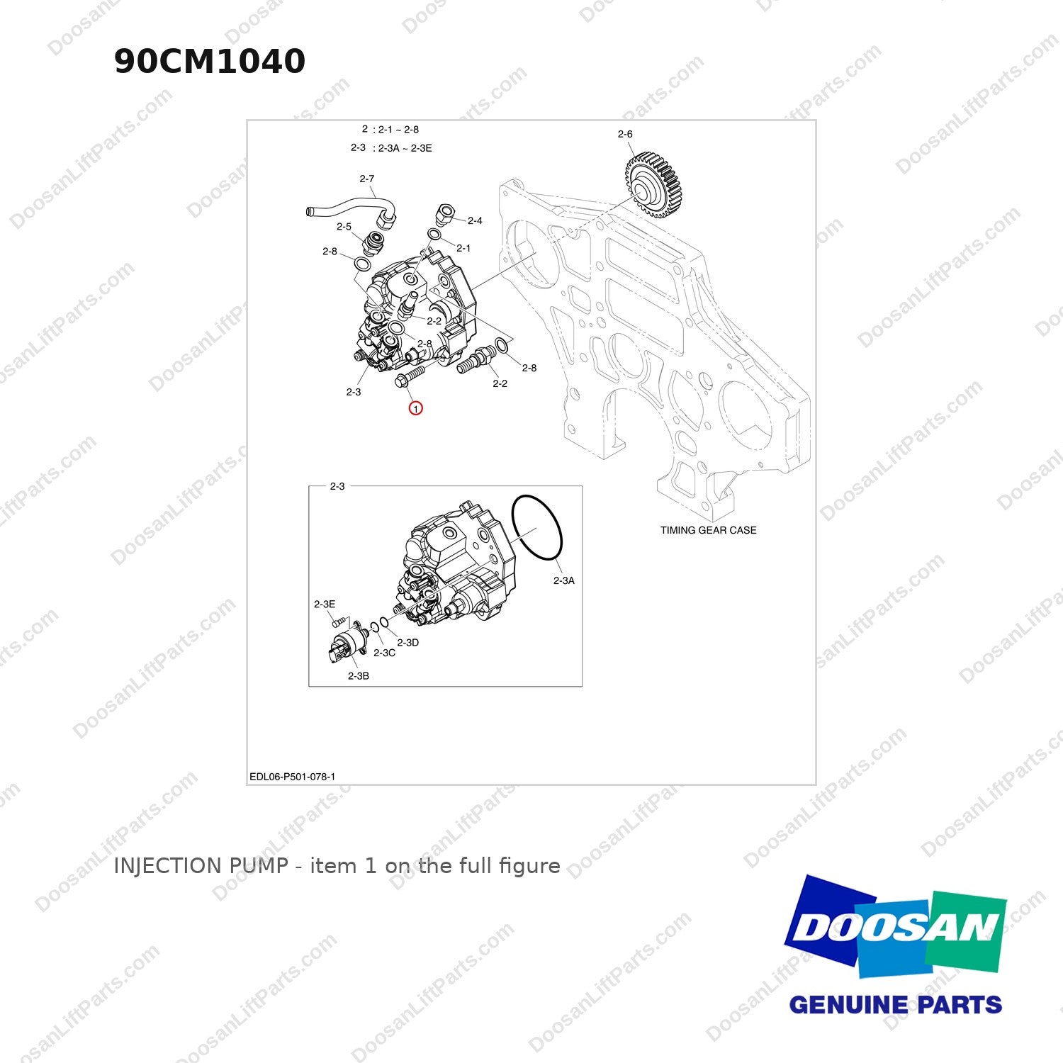 90CM1040 INJECTION PUMP - full parts diagram, item 1 marked - genuine Doosan / Bobcat forklift part