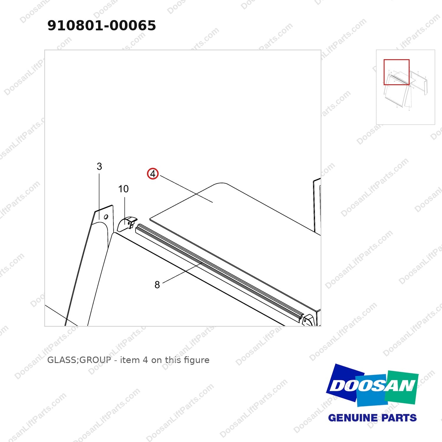 910801-00065 GLASS;GROUP - parts diagram, item 4 shown - genuine Doosan / Bobcat forklift part