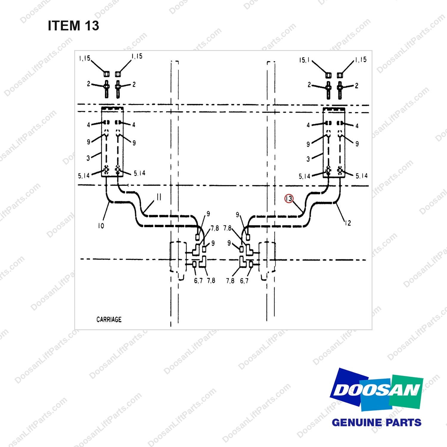 911450 SEC. ATTACHMENT LINES-4WAY - (STD.-3TON) - full parts diagram, item 13 marked - genuine Doosan / Bobcat forklift part
