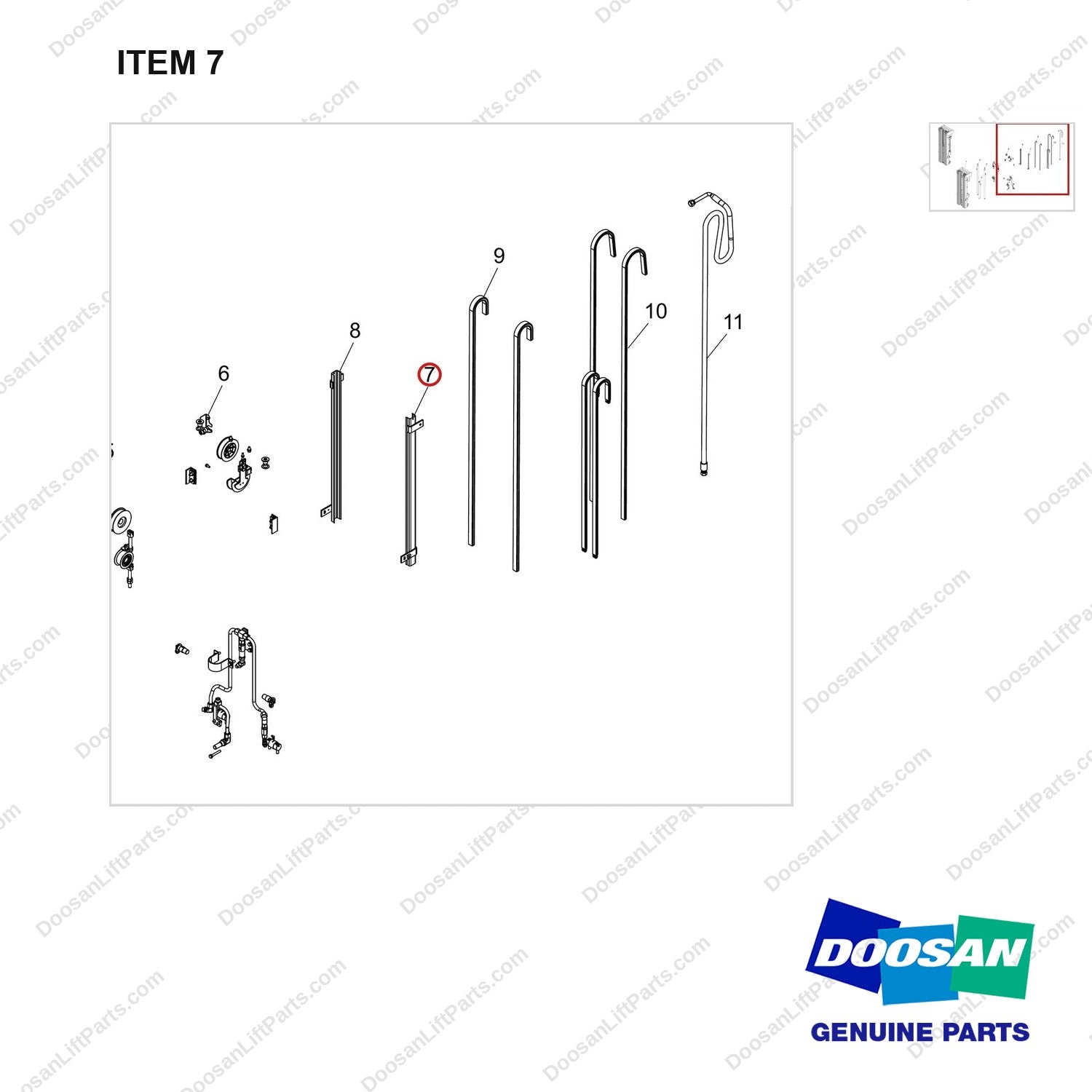 920103-00085 MAST AR.; QUAD, MFH 6100, OAL - parts diagram, item 7 shown - genuine Doosan / Bobcat forklift part