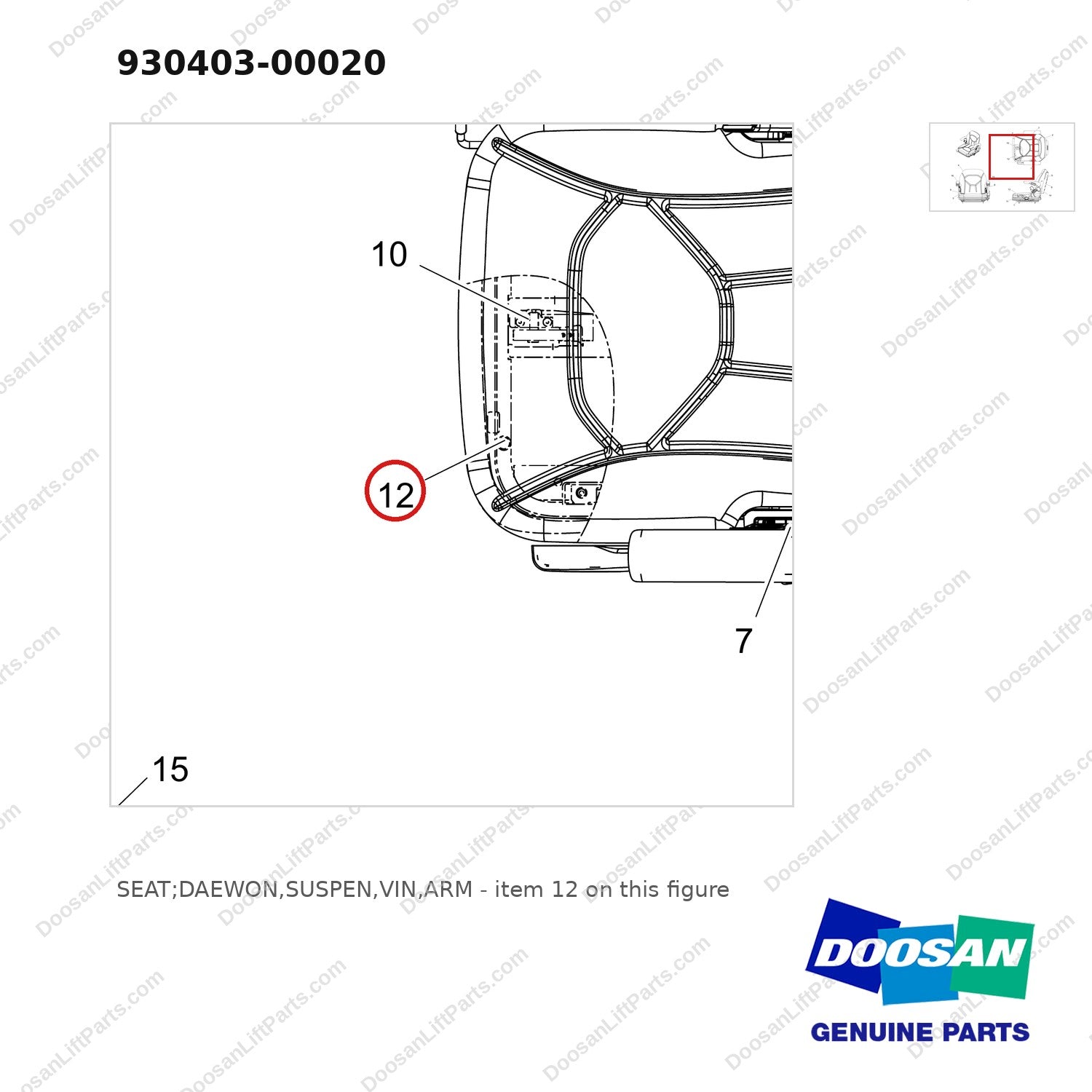 930403-00020 SEAT;DAEWON,SUSPEN,VIN,ARM - parts diagram, item 12 shown - genuine Doosan / Bobcat forklift part