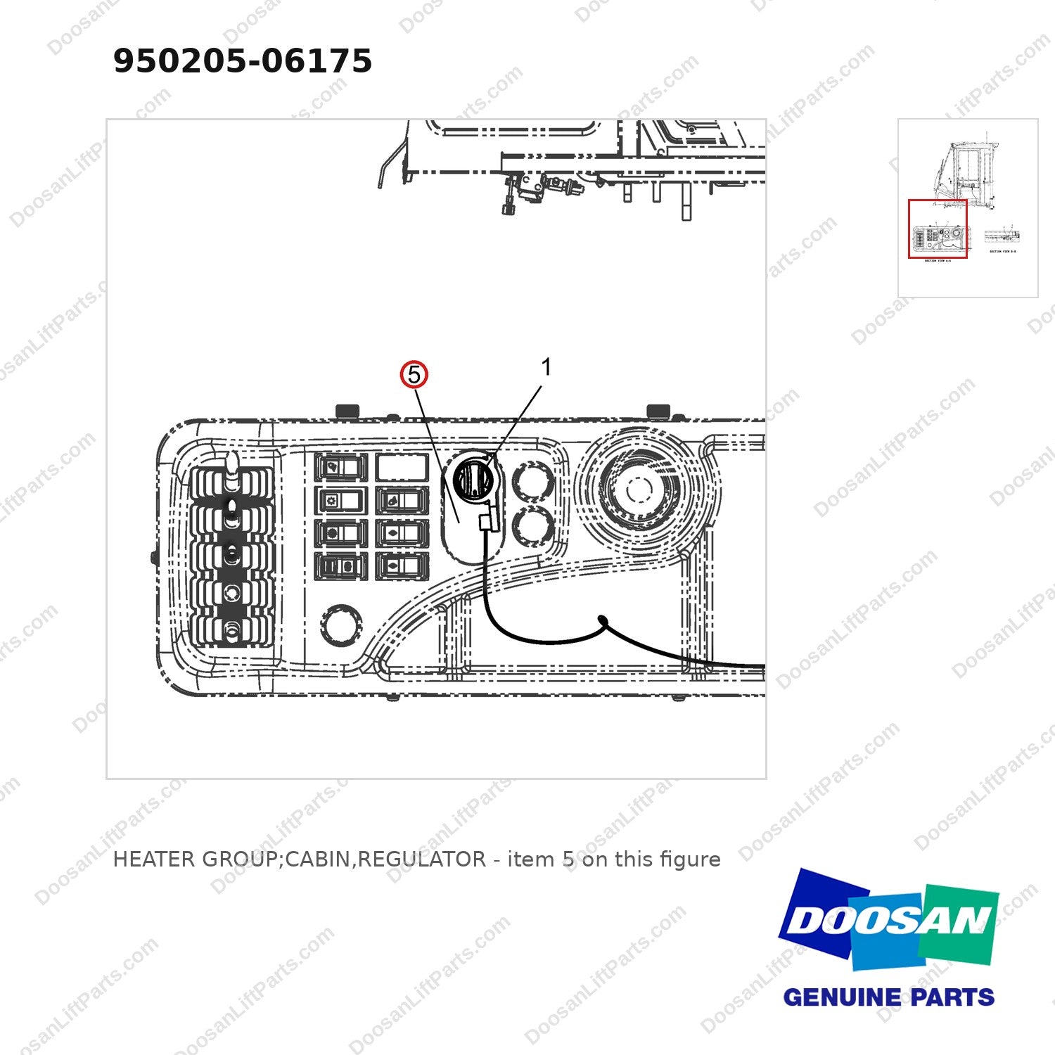 950205-06175 HEATER GROUP;CABIN,REGULATOR - parts diagram, item 5 shown - genuine Doosan / Bobcat forklift part