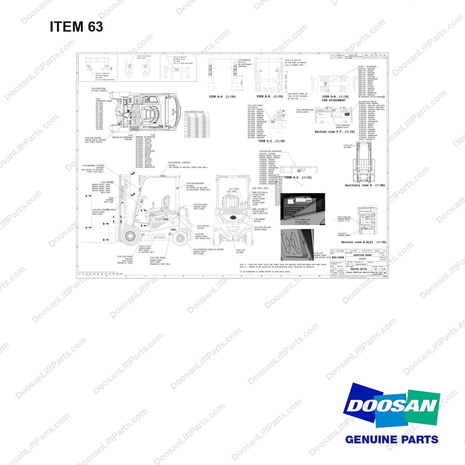 950205-06395 LOCATION CHART - full parts diagram, item 63 marked - genuine Doosan / Bobcat forklift part