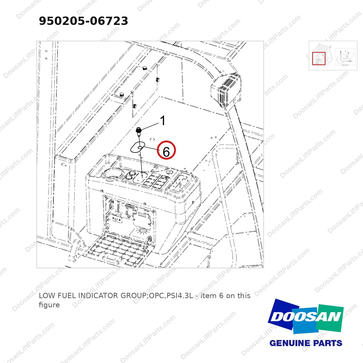 950205-06723 LOW FUEL INDICATOR GROUP;OPC,PSI4.3L - parts diagram, item 6 shown - genuine Doosan / Bobcat forklift part