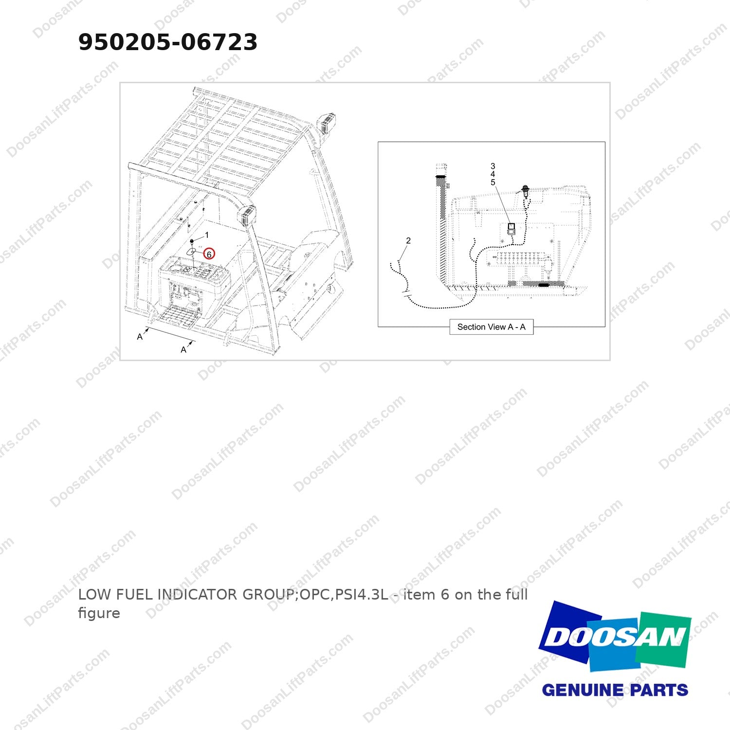 950205-06723 LOW FUEL INDICATOR GROUP;OPC,PSI4.3L - full parts diagram, item 6 marked - genuine Doosan / Bobcat forklift part