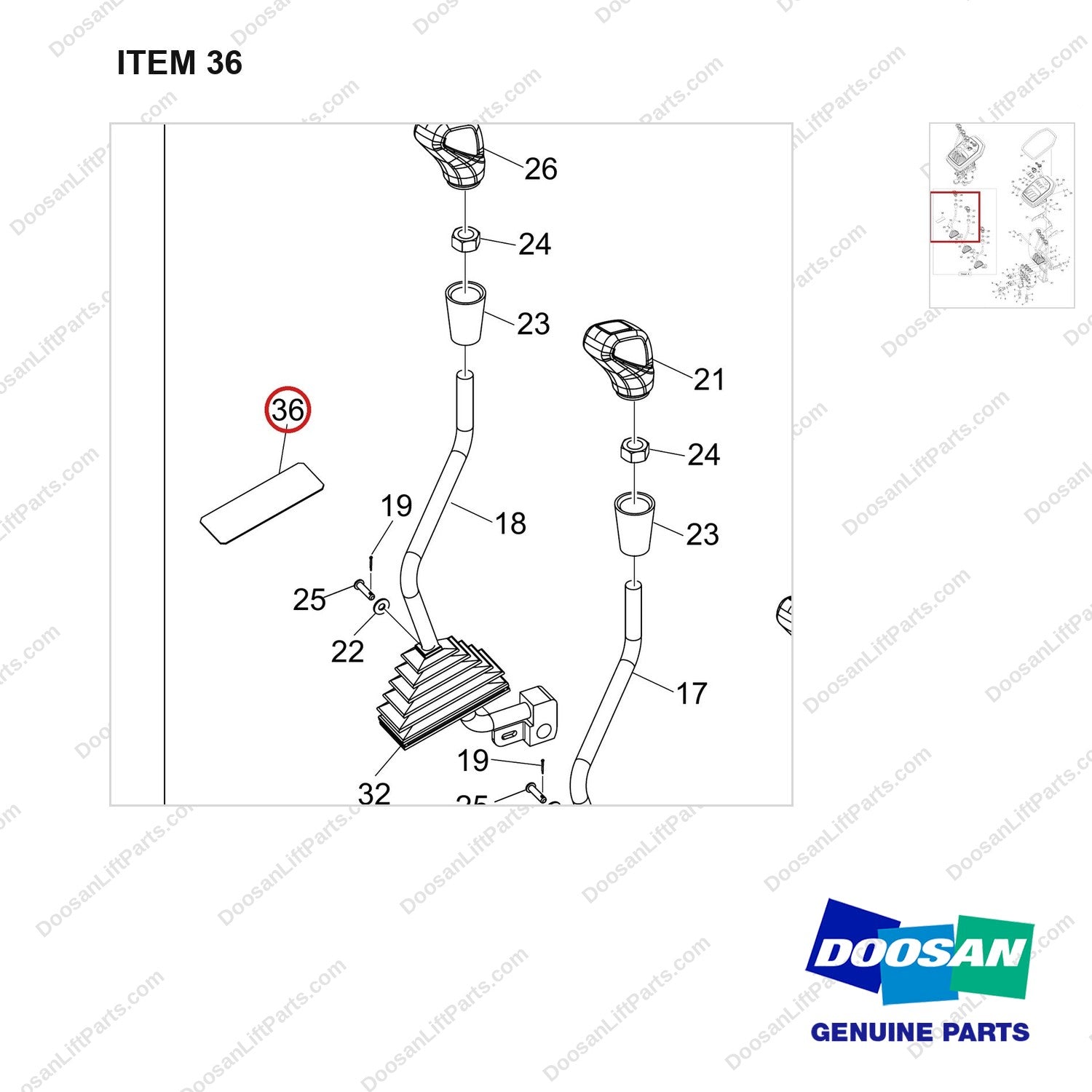 950205-07502 VALVE ASSY,CONTROL;3SEC/3LEVER - parts diagram, item 36 shown - genuine Doosan / Bobcat forklift part
